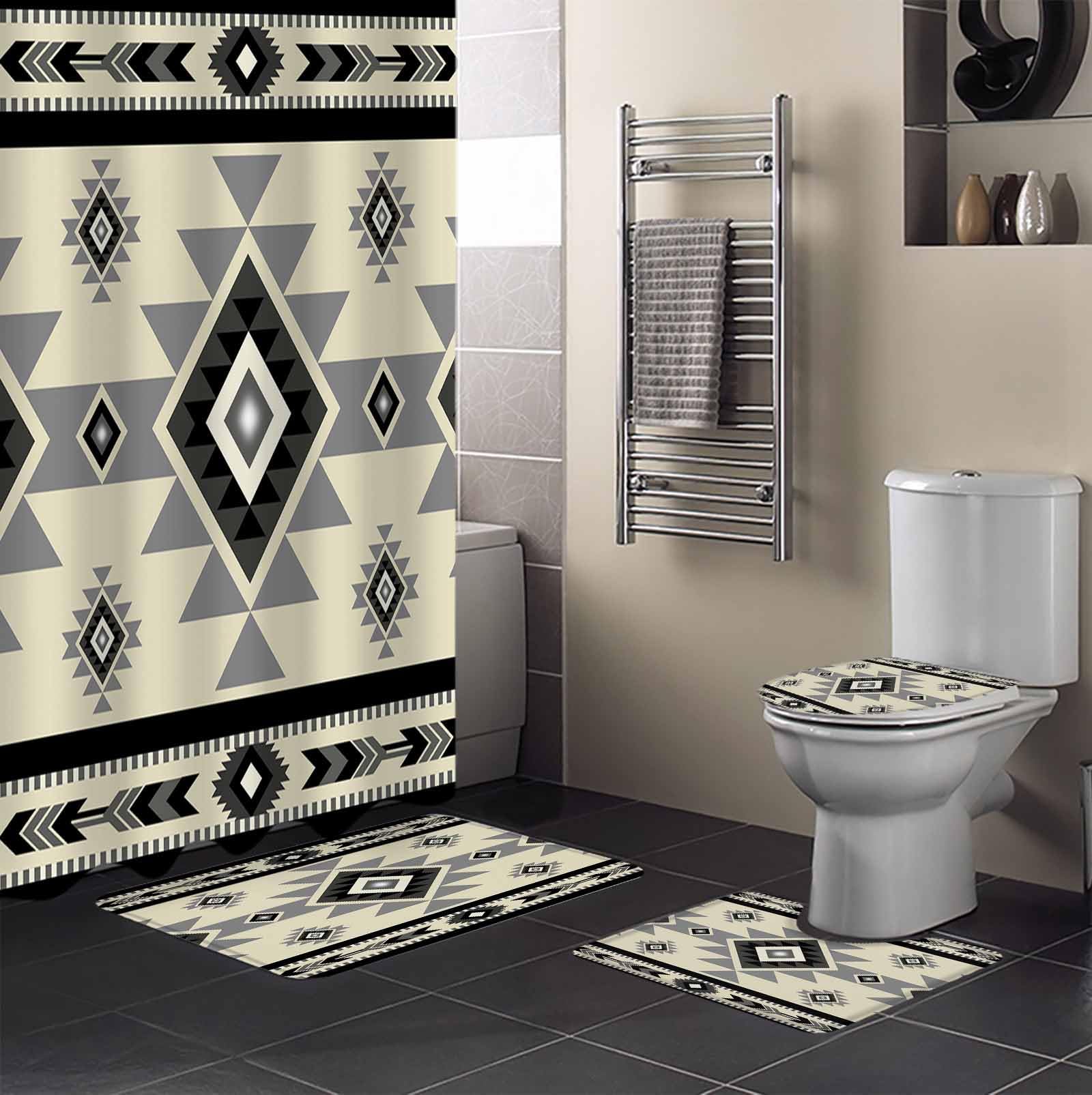 Brown Aztecs Bathroom Set with Shower Curtain and Rug Accessories - 66x72 Inches Long Southwestern Stripe Native American Boho Bathtub Curtain Waterproof with Large Bath Mat,Washable Runner Rug Set