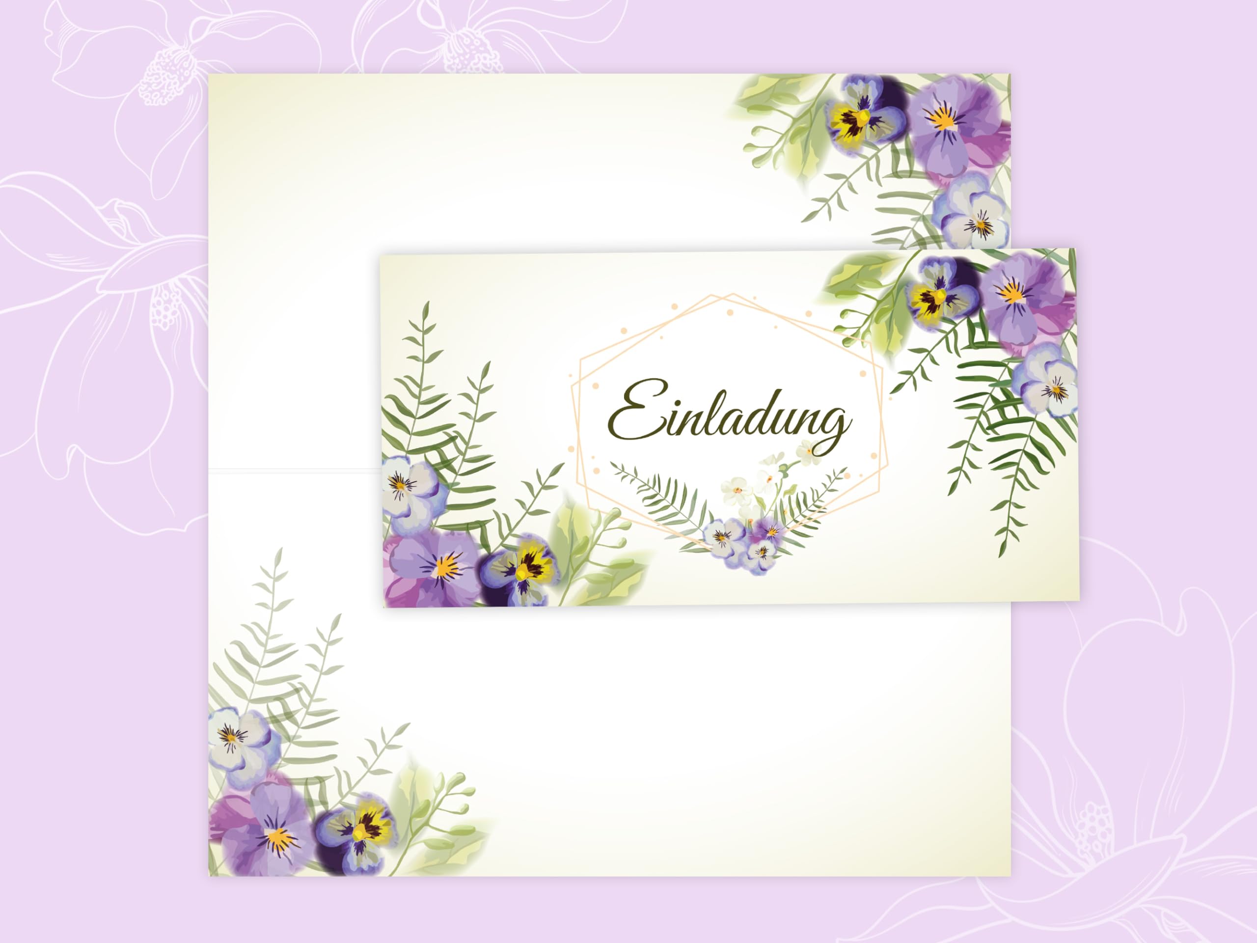 250 Einladungskarten für Hochzeit, Standesamt, Geburtstag, Konfirmation, Kommunion, Jugendweihe, Taufe, Geburtstag Jubiläum. Klappkarten DIN lang (21 x 10,5 cm). Blumenmuster Veilchen Viola Pastell