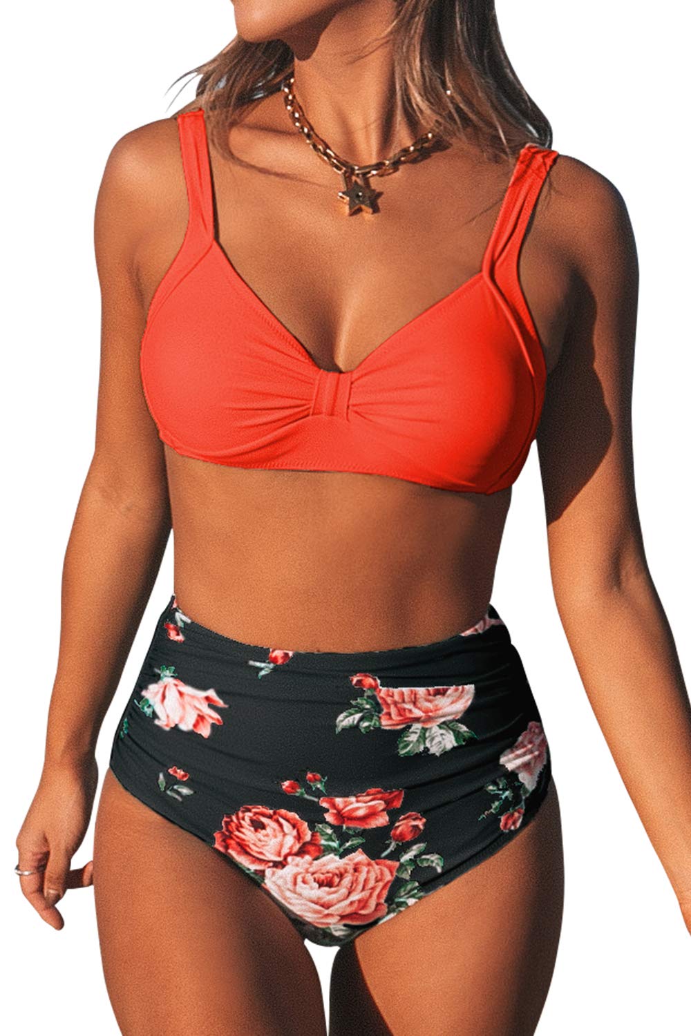 CUPSHE Conjunto de Bikini Cintura Alta Fruncido Estampado Floral Traje de Baño de Dos Piezas