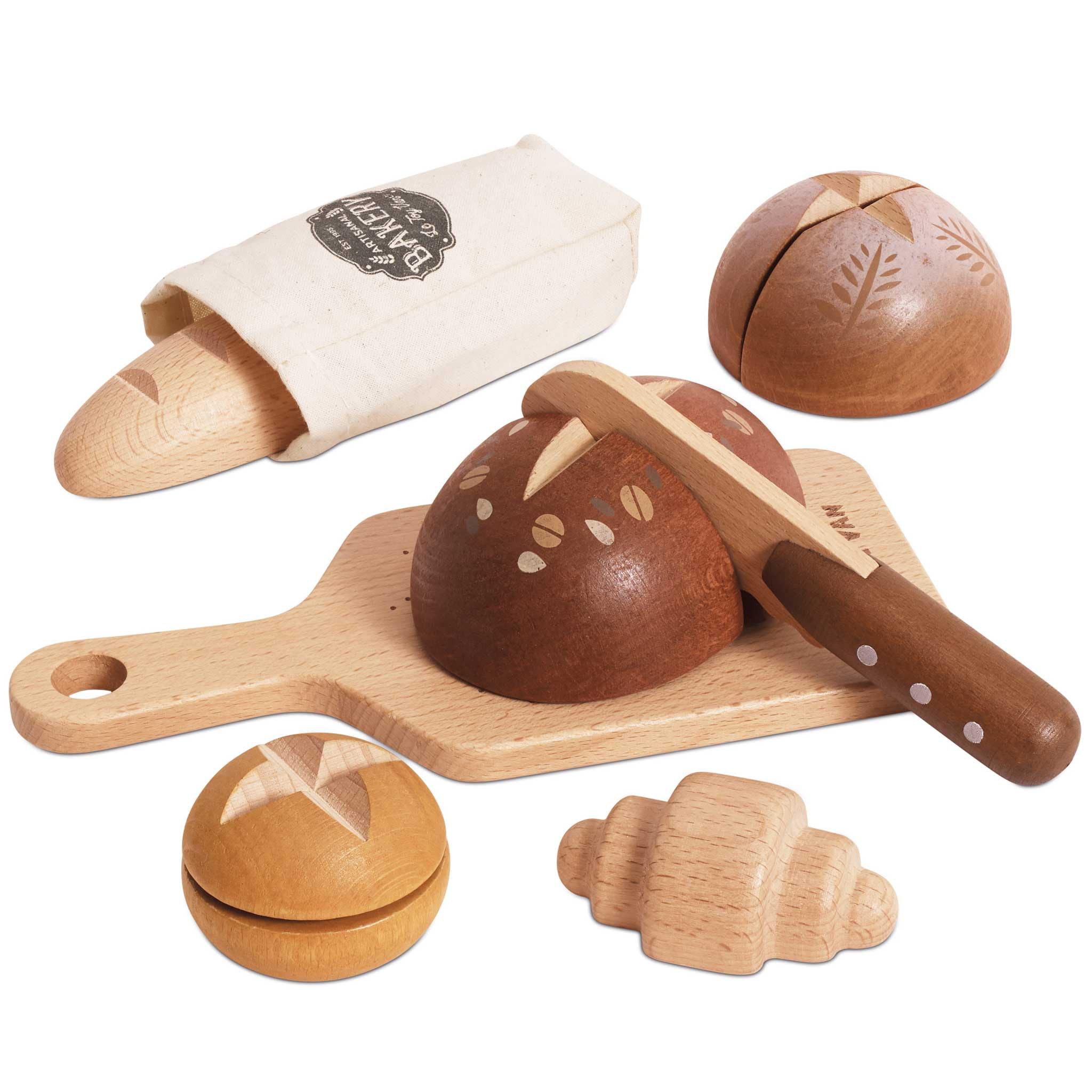 Le Toy Van Wooden Bread & Knife Set – FSC® 100% Certified Artisan Loaf Play Food – Pretend Play Bakery Set with Cutting Board, Knife & Cotton Bag – Velcro Sliceable Pieces for Kids