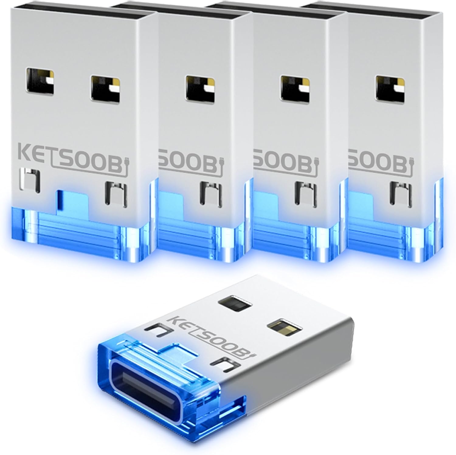 5-Pack USB A Male to Type C Female Adapter, Converter with Blue LED, Compatible with iPhone 15/14 Pro Max, Samsung Galaxy S22