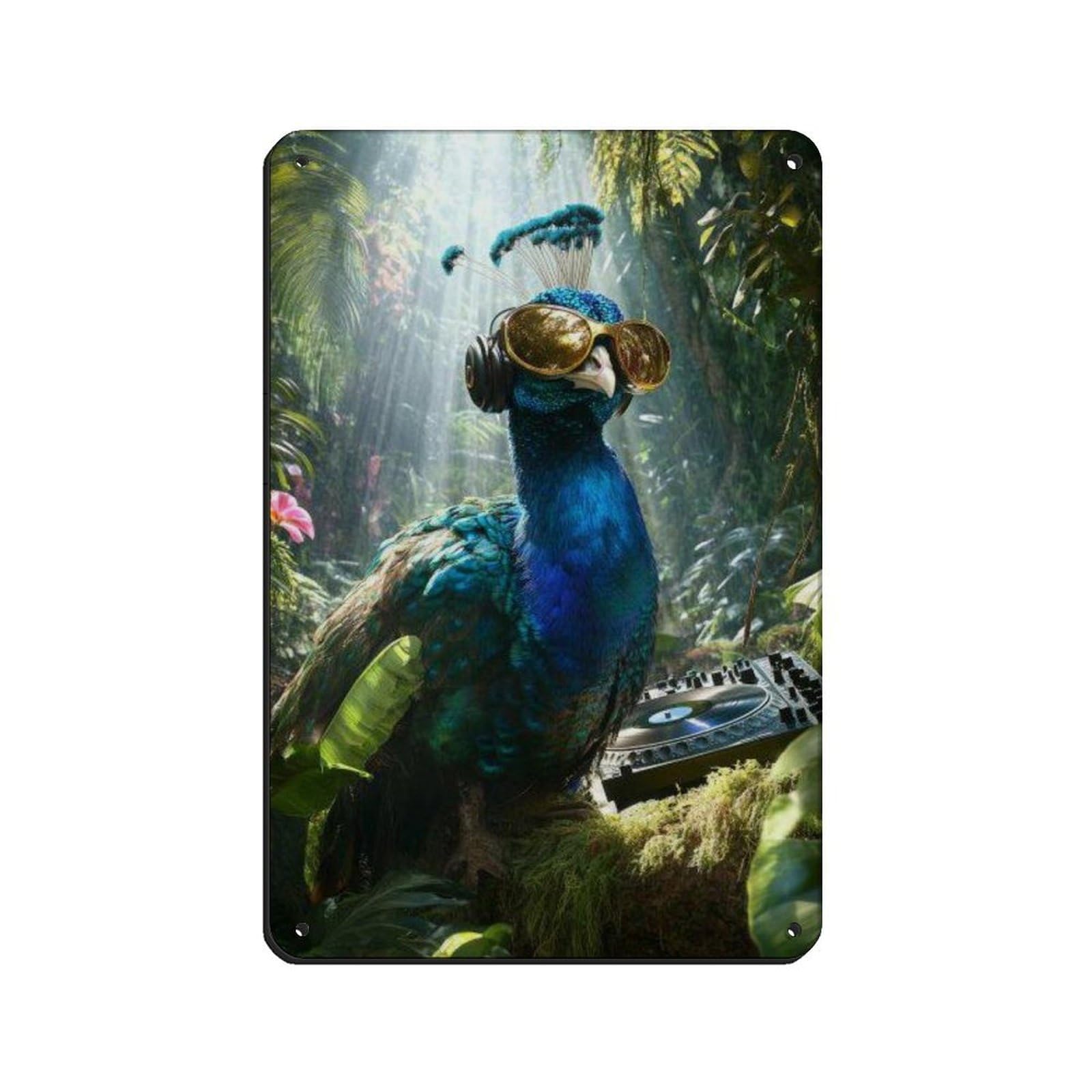 Cool Peacock With Headphones DJ Art Retro Poster Metal Tin Sign Chic Art Retro Iron Painting Bar People Cave Cafe Family Garage Poster Wall Decoration 8x12inch(20x30cm)