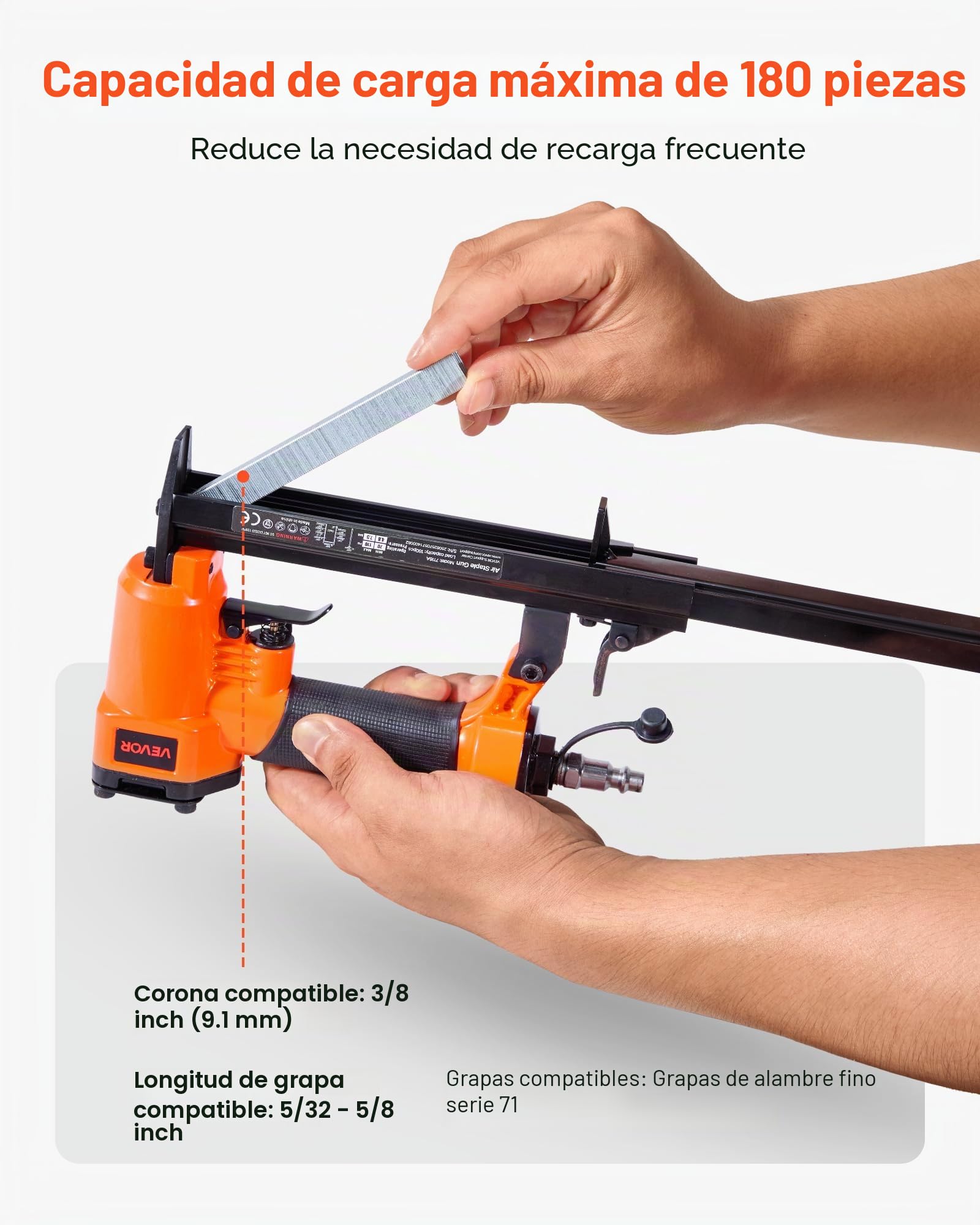 VEVOR Grapadora Neumática Calibre 22, Compatible con Grapas de Alambre Fino Serie 71, Ancho de Corona de 9,1 mm, Longitud de 4-16 mm, 4,8-7,6 bar, para Carpintería y Tapicería, 230 x 45 x 160 mm