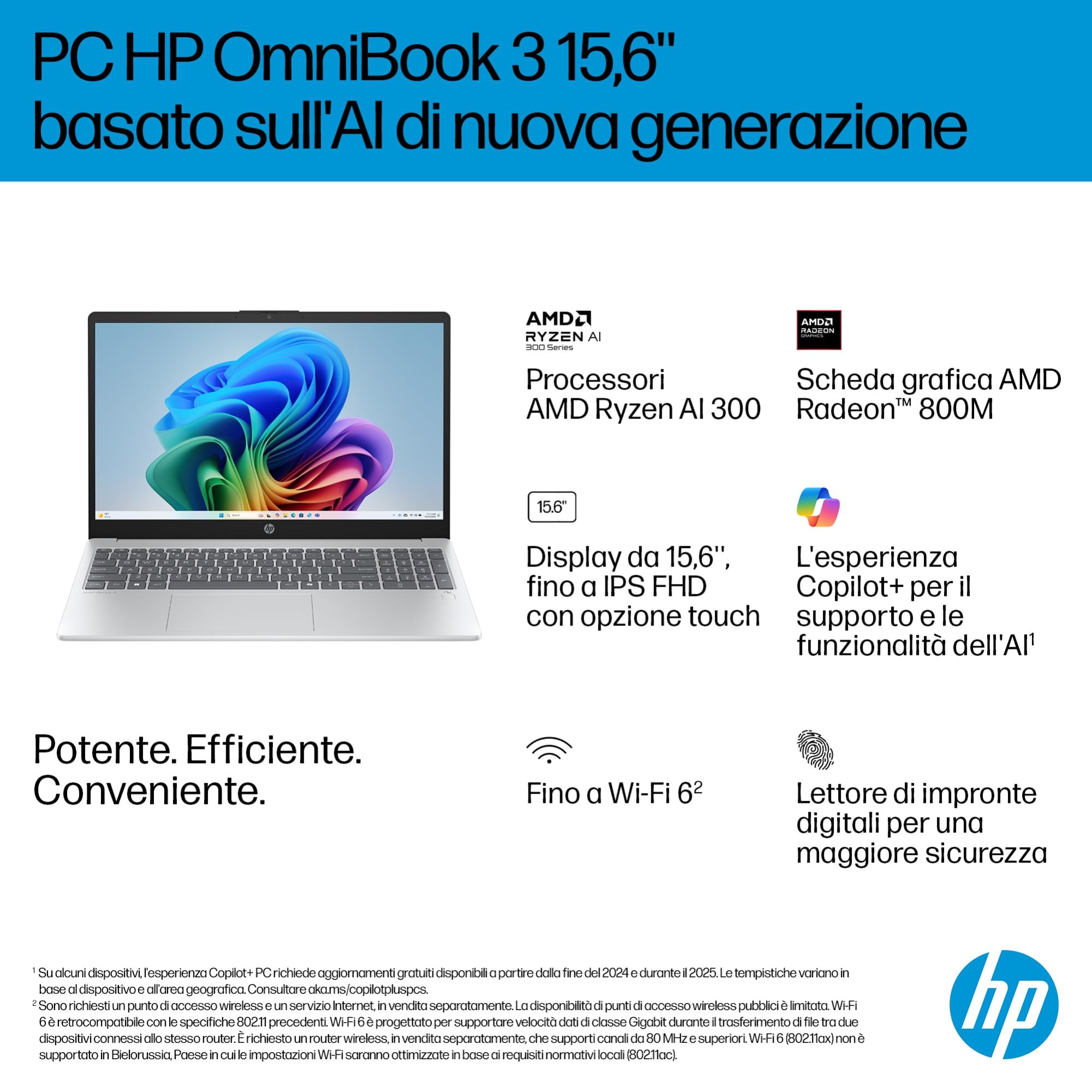 HP OmniBook 3 15-fn0002sl Notebook AMD Ryzen AI 5 330 16GB RAM 1TB SSD Windows 11 Tastiera Italiana QWERTY Argento