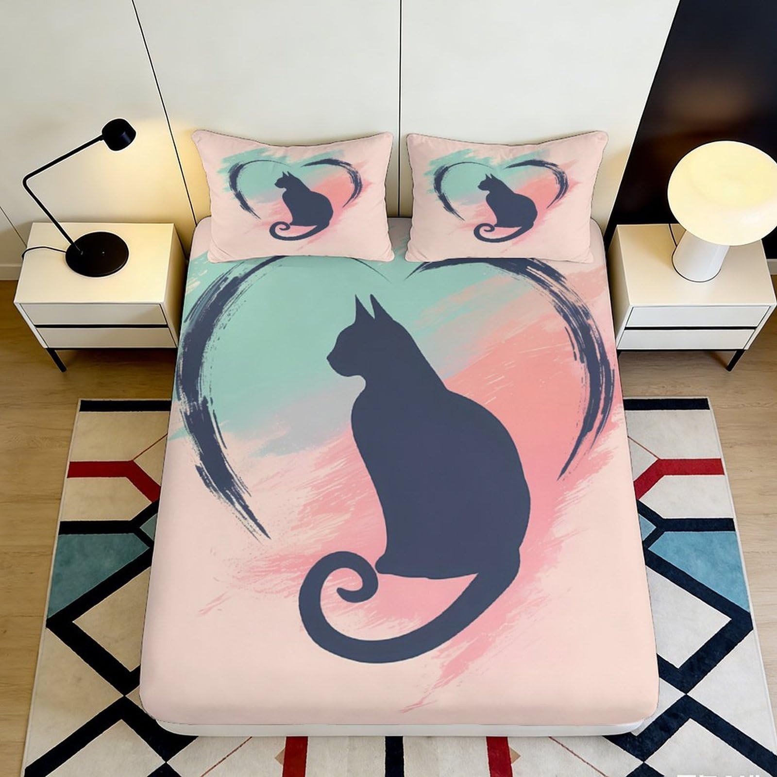3D Printed Cat Silhouette Heart Fitted Sheet Microfiber Soft Pink Artistic Bed Cover for Bedroom Dorm Decor 90x200x25cm