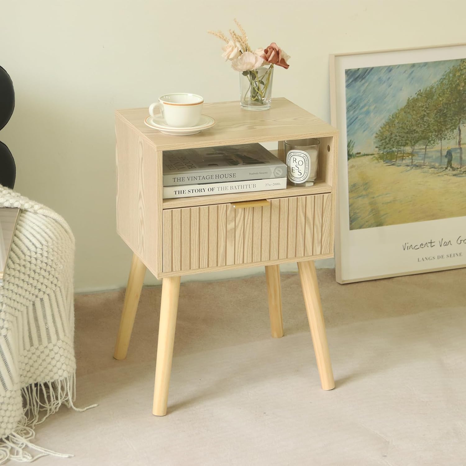 Modern Small Nightstand with Drawer, Solid Wood Legs, Easy Assembly, Natural Finish