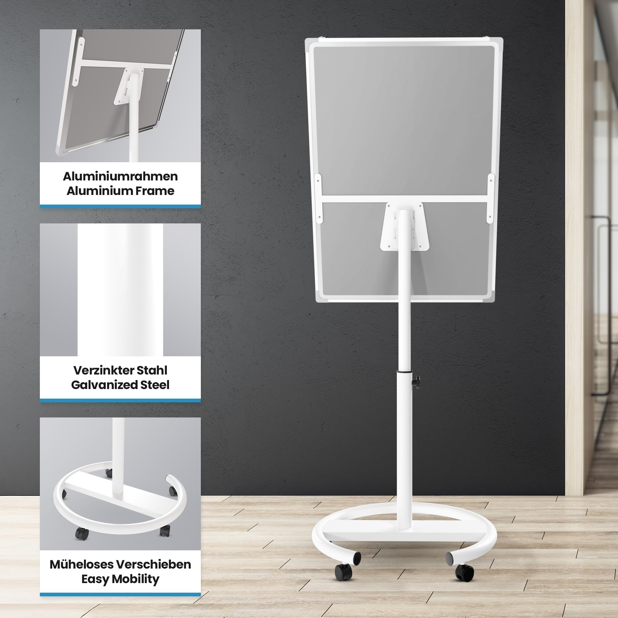 Jago® Chevalet de Conférence - sur Roulettes, Réglable en Hauteur, Mobile, 60 x 90 cm, Magnétique, Effaçable, Incluant Marqueurs, Aimants, Papiers, Éponge - Paperboard, Tableau Magnétique Blanc