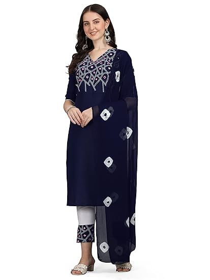 Women's Cotton Blend Embroidered Mirror Work Kurta Pant With Dupatta
