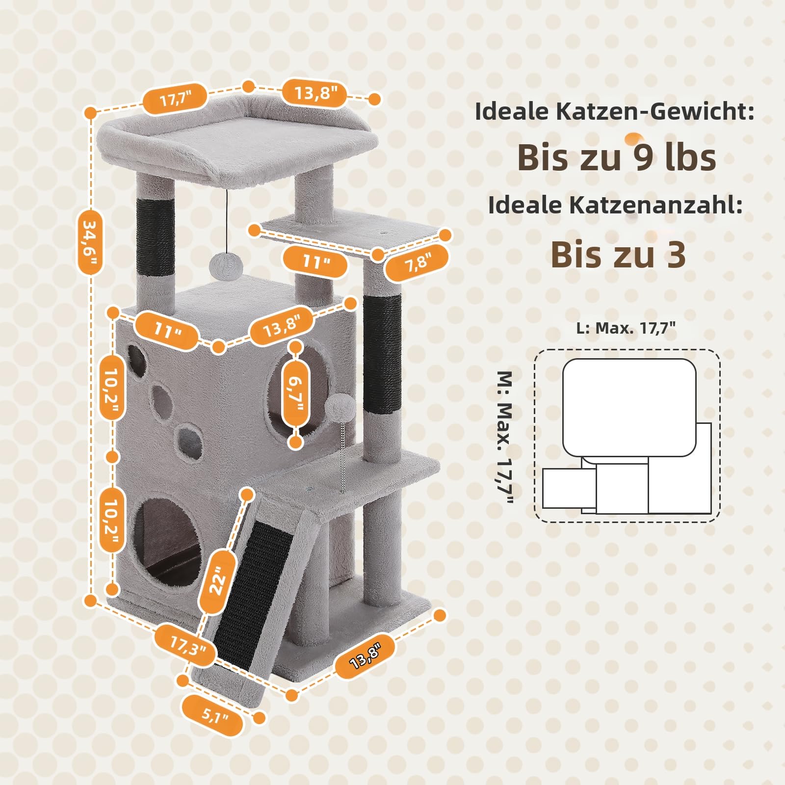 PETEPELA Kratzbaum für Katzen, 88 cm, Kleine Katzenhöhle mit Kratzpfosten, 2 Kuschelhöhlen, Kratzrampe & Hängespielzeug, Katzen-Spielhaus für Mehrkatzenhaushalte, Schwarz