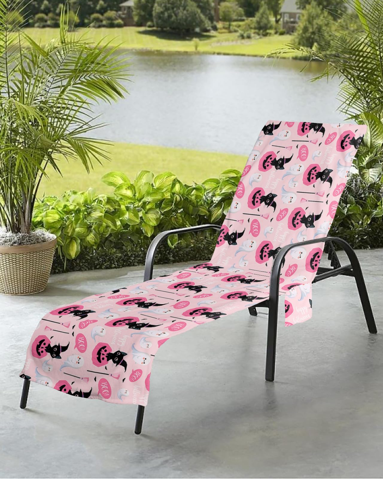 Halloween Beach Chair Towel Covers for Chaise Lounge with Side Pocket, Soft Plush Pool Towels Cover for Patio Sunbathing Outdoor 29''x85'' Cartoon Pink Pumpkins Ghost Cat