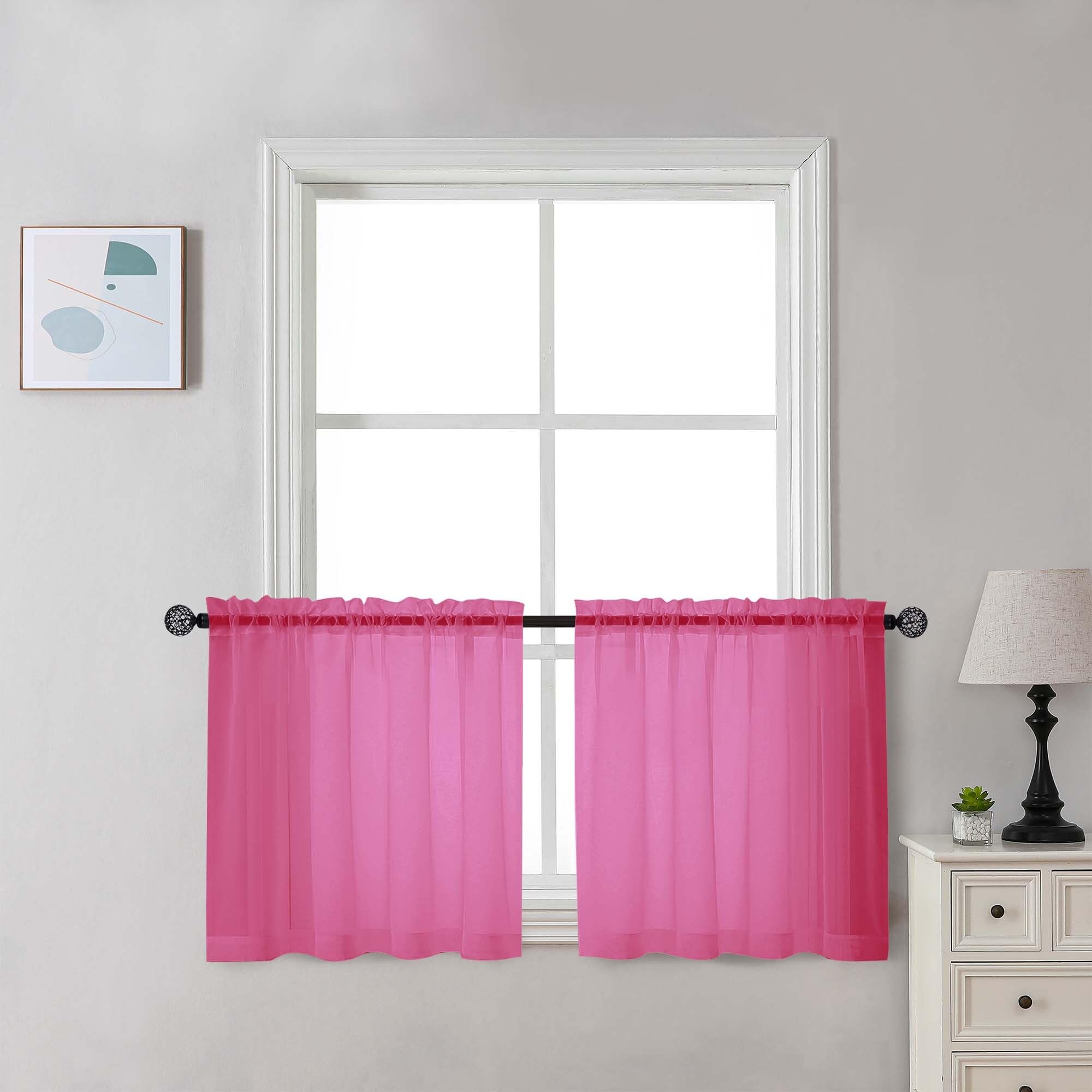 Chyhomenyc Sheer Hot Pink Tier Curtains 24 Inch Length Set, Small Window Kitchen Curtains for Bathroom Living Room Basement, Farmhouse Short Voile Curtain 42Wx24L, Rod Pocket, 2 PCS