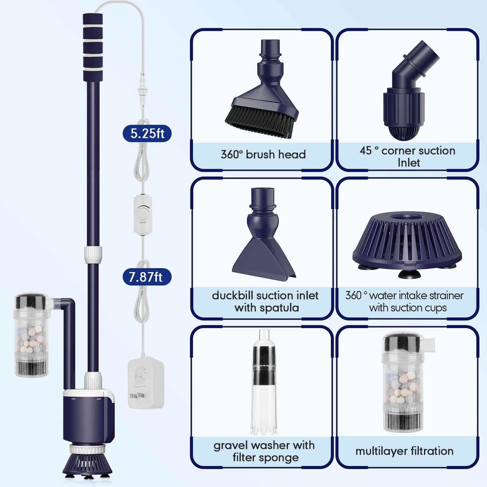 AQQA Odkurzacz do akwarium, DC 2300 l/h, regulowany przepływ wody, elektryczny odkurzacz mulmowy, do akwarium, 32 W, elektryczny odkurzacz mulmowy z potrójną filtracją do wymiany wody, czyszczenie