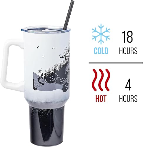Miniatura 4 de Silver Buffalo Disney Nightmare Before Christmas by Tim Burton Jack Skellington Hill and Moon - Vaso de acero inoxidable con asa y pajilla, cabe en