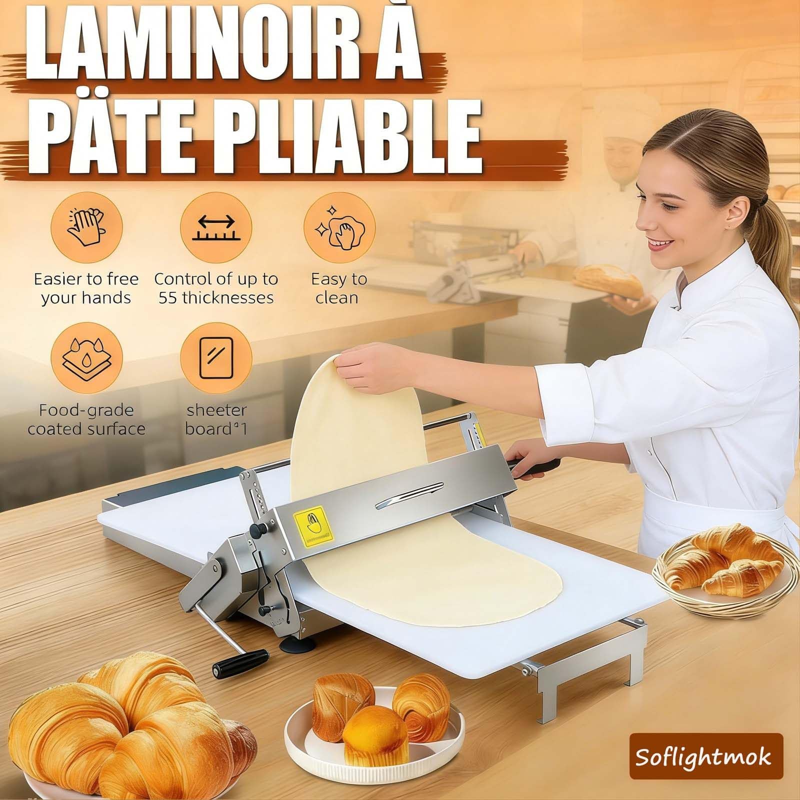 Laminoir à PâTe, Laminoir RéVersible pour PâTe FeuilletéE Et Fondante,Laminoir à PâTe Manuel, éPaisseur RéGlable De 0 à 25mm, Laminoir Pliable pour Boulangeries Et PâTisseries TypeB