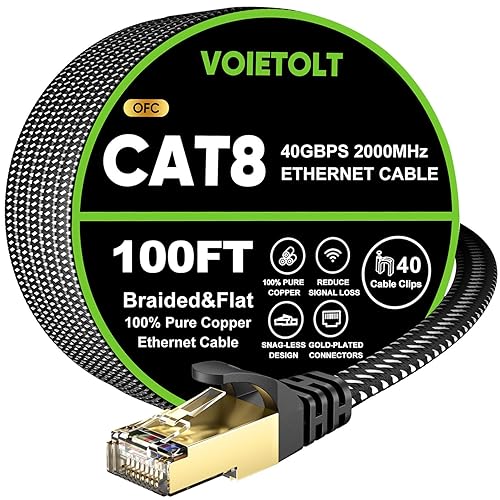 Miniatura 20 de Cable Ethernet Cat 8 de 20 pies plano, cable de Internet trenzado de alta velocidad de 40 Gbps 2000 MHz con RJ45 chapado en oro SSTP, cable LAN de