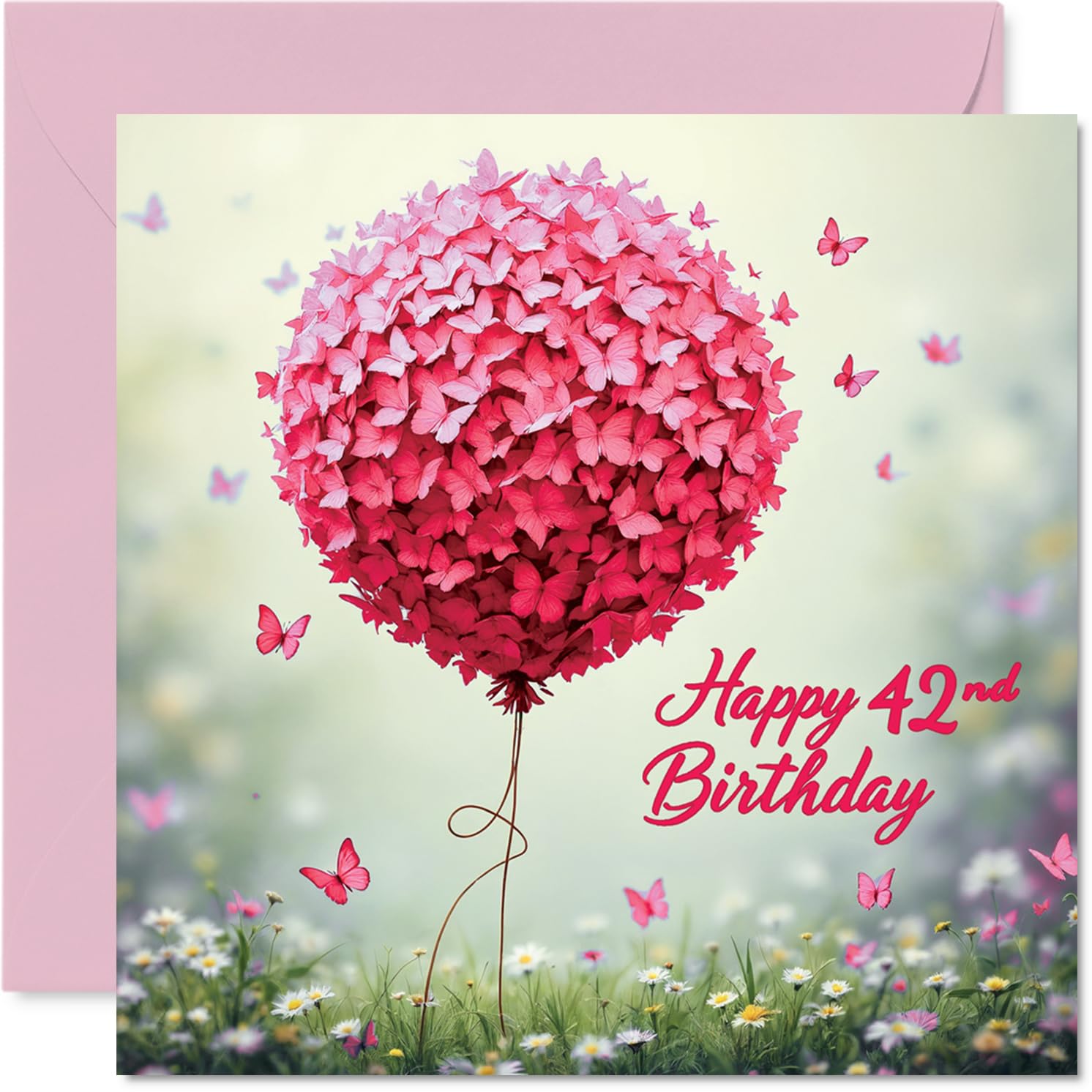 42nd Birthday Cards for Women, Pink Butterfly Balloon