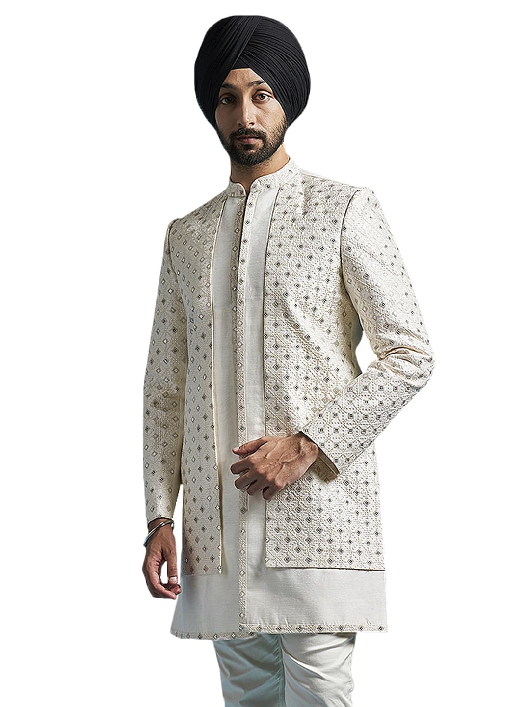 mens VASTRAMAY Men's Cream Silk Blend Sherwani Only Top-picture-38