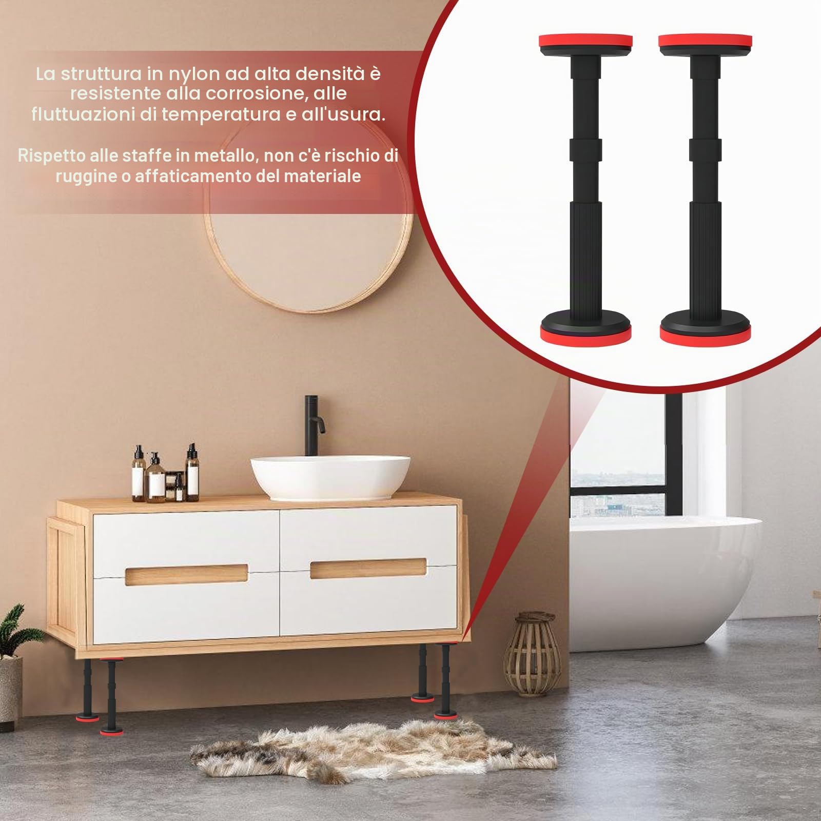 2 aste telescopiche da 18 a 45 cm, sistema di supporto regolabile, supporta fino a 400 kg, staffe telescopiche, per armadi, divani, pensili, mobili da bagno