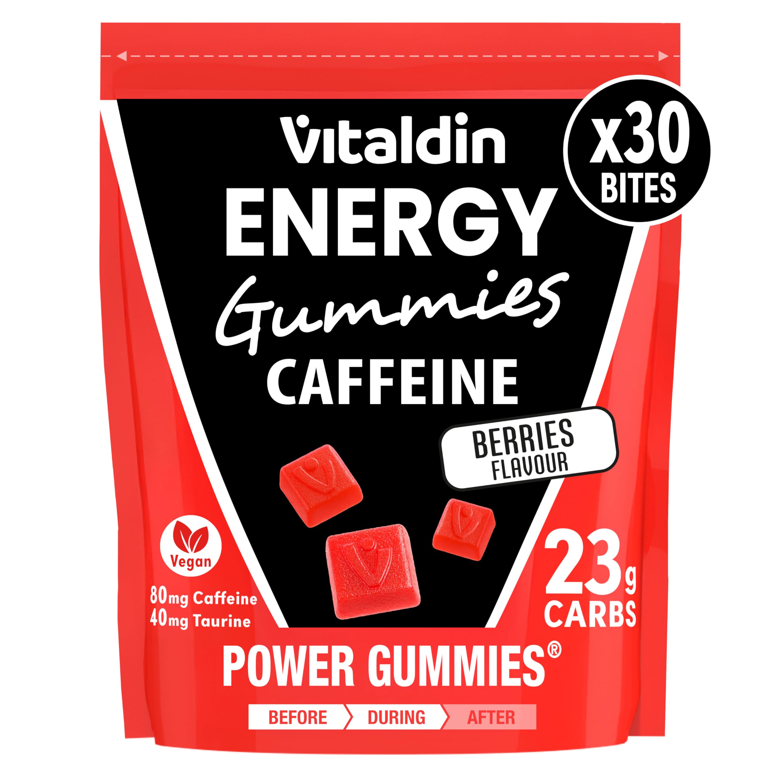 VITALDIN SPORT Power Gummies Caffeine & Taurine – 80 mg Cafeína, 40 mg Taurina por serving + Vitamina B6 – Doypack de 30 Bites de gominola – Sabor frutos rojos – Vegano