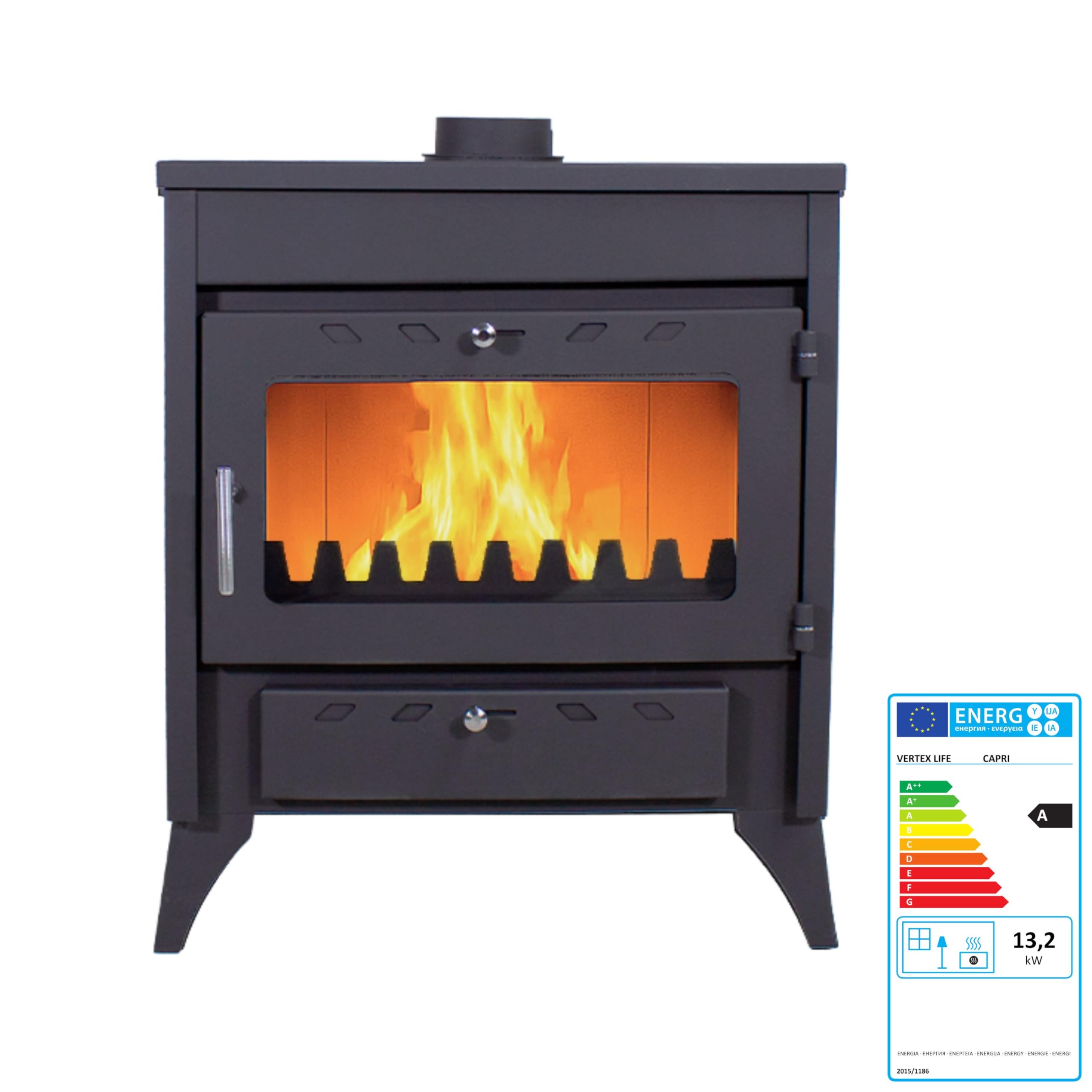 EIDER BIOMASA Poêle à Bois 17,05 KW - Compact 84 x 51 x 66 cm - Faible consommation - Fonte - Grande Chambre pour Grands Troncs - Jusqu'à 297 m3 - Efficacité énergétique Classe A - Vision du feu