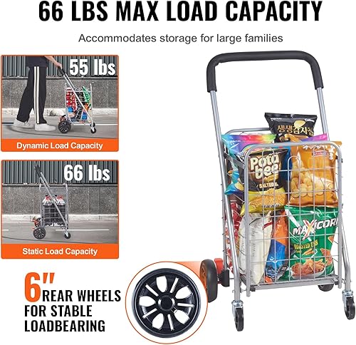 Miniatura 3 de VEVOR Carrito de compras plegable, capacidad de carga máxima de 66 libras, carrito utilitario de comestibles con ruedas giratorias giratorias, cesta