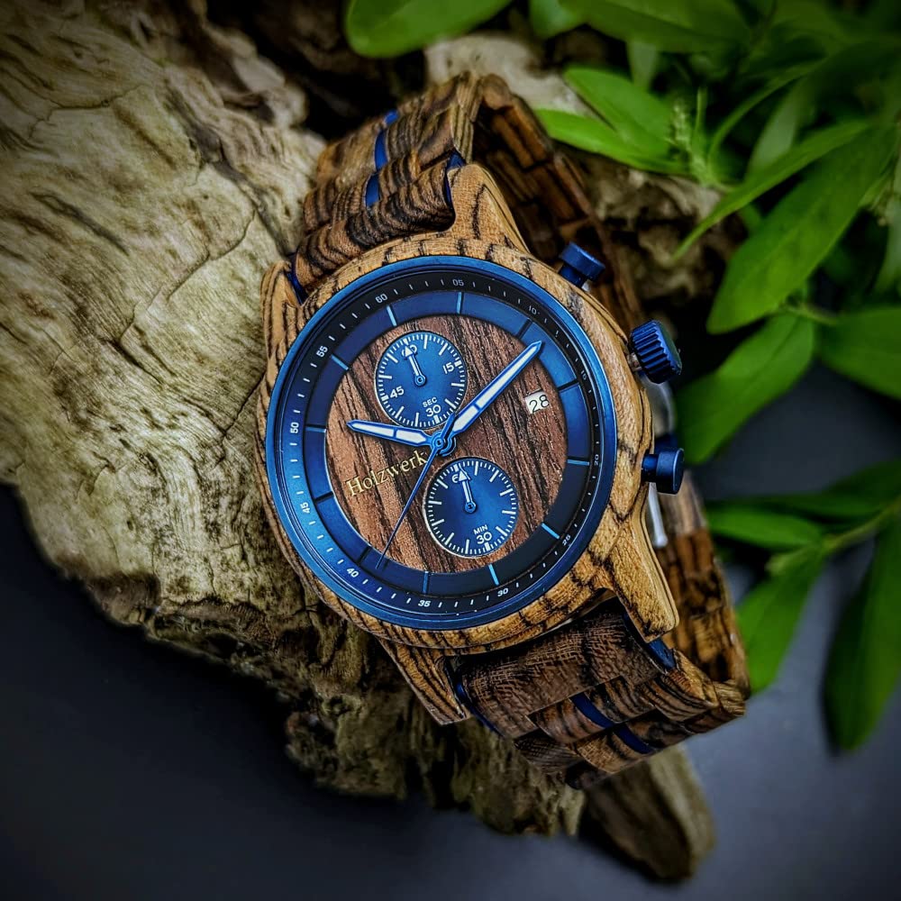 Holzwerk Germany Orologio da uomo di design, realizzato a mano, in legno naturale, cronografo, analogico, al quarzo, marrone e blu, con data, in legno, blu e marrone, Moderno