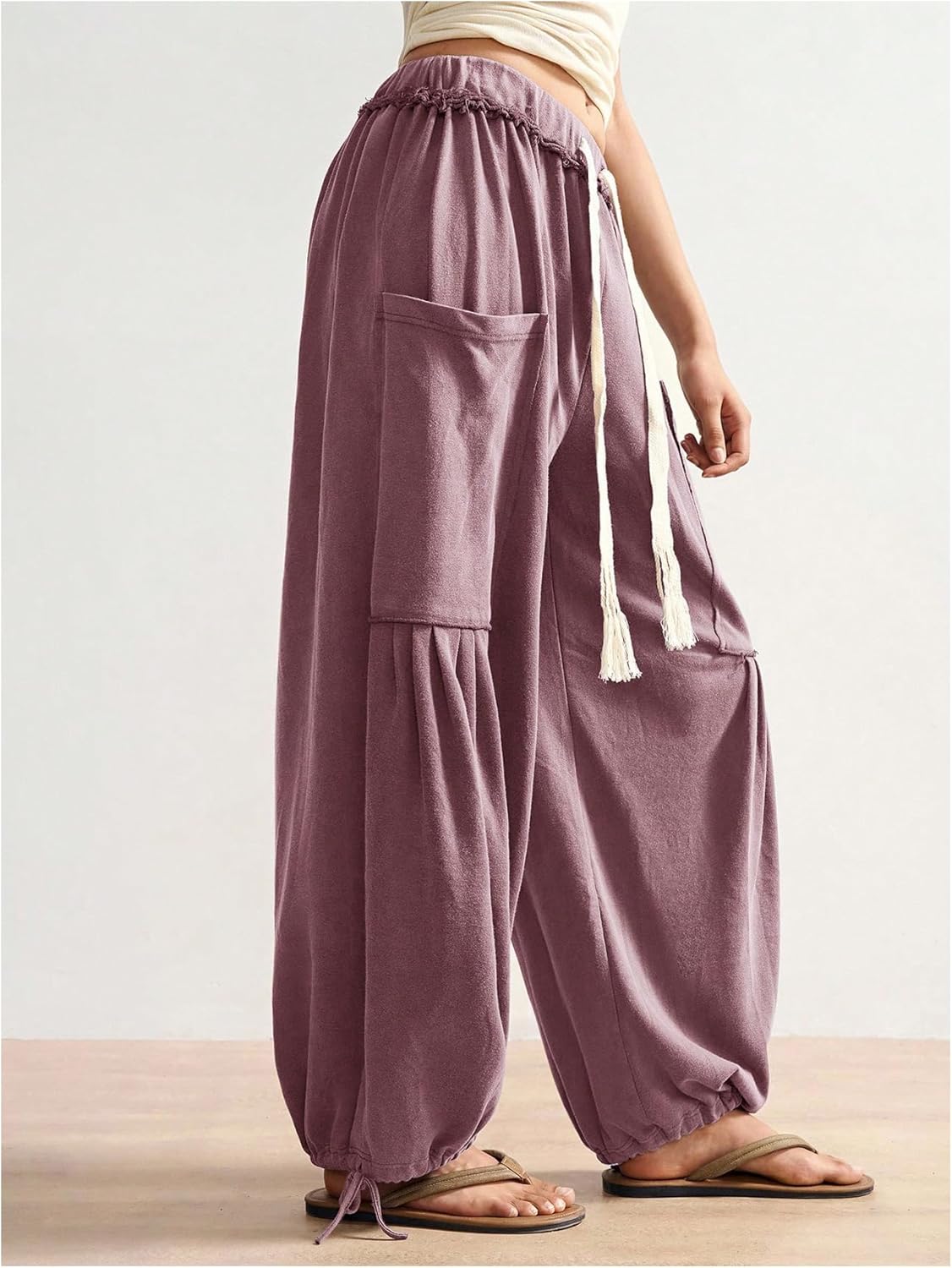 Women's Baggy Harem Pants Drawstring Waist Wide Leg Sweatpants Boho Casual Trousers Joggers with Pockets - Image 4