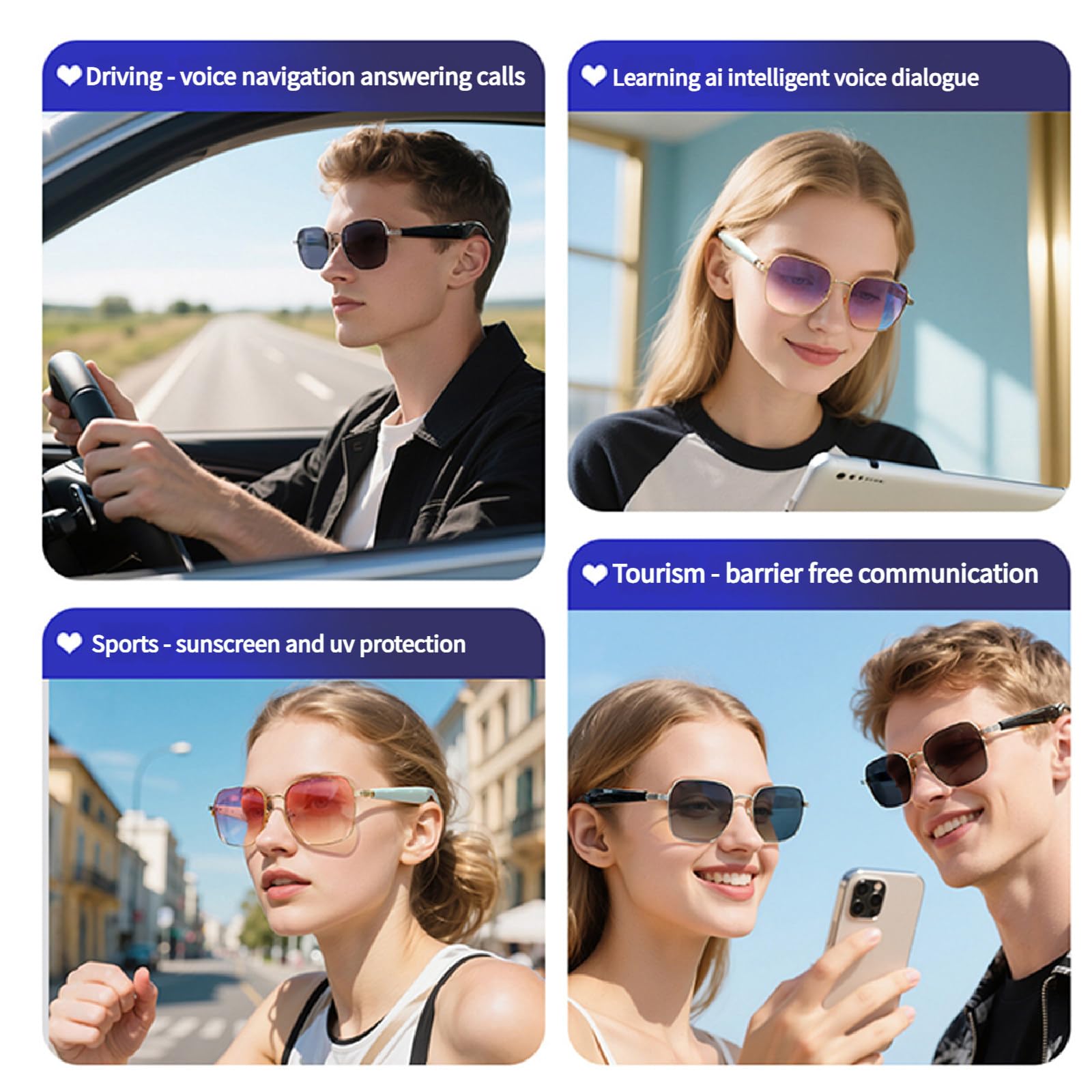 Gafas de Sol polarizadas con Bluetooth e IA para Escuchar música y Llamadas. Protección UV400. Admite Carga rápida de 15 Minutos. Ideales para Conducir,Blue