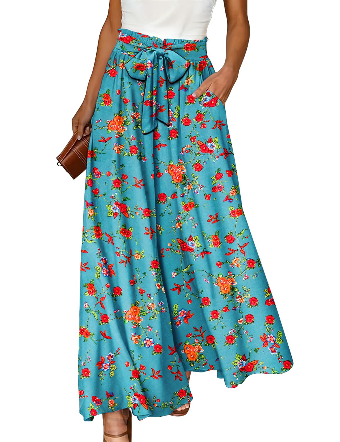 YESNO Women Wide Leg Pants High Waisted Floral Boho Palazzo Culottes Casual Flowy Tie Knot Trousers with Pockets PPS