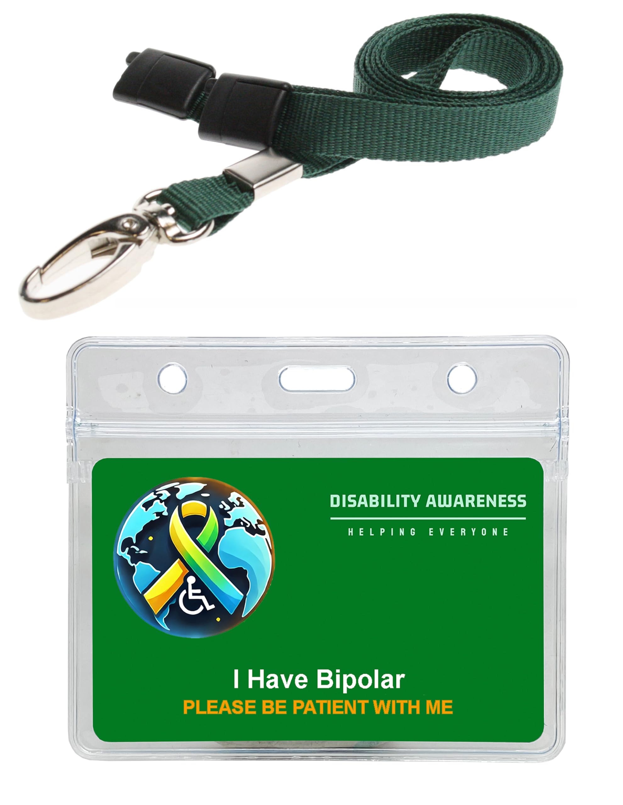 Bipolar Green Hidden Disability Awareness Card Covering The World with Green Lanyard & Clear Waterproof Pocket & Contact Details — image 1