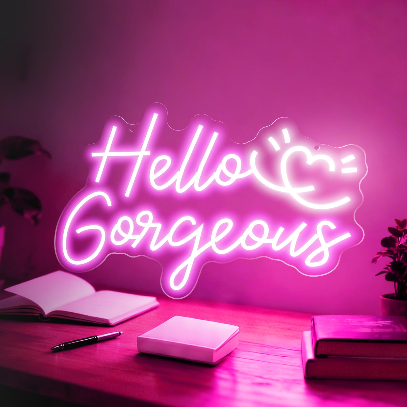 Hello Gorgeous Neonschild, 40,6 x 27,7 cm, LED-Schild, Neonschilder für Wanddekoration mit dimmbarem Schalter, Stromversorgung über USB, rosa Neonlichter für Teenager, Mädchen, Schlafzimmer