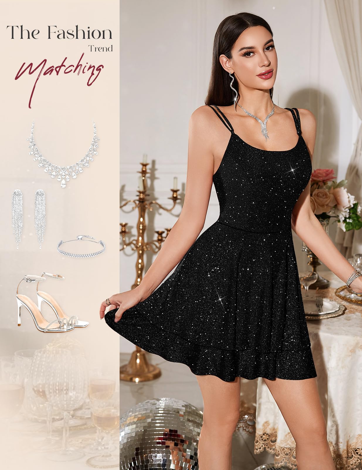 HomRain Robe courte scintillante à bretelles spaghetti pour femme, robe de cocktail pour invitée de mariage