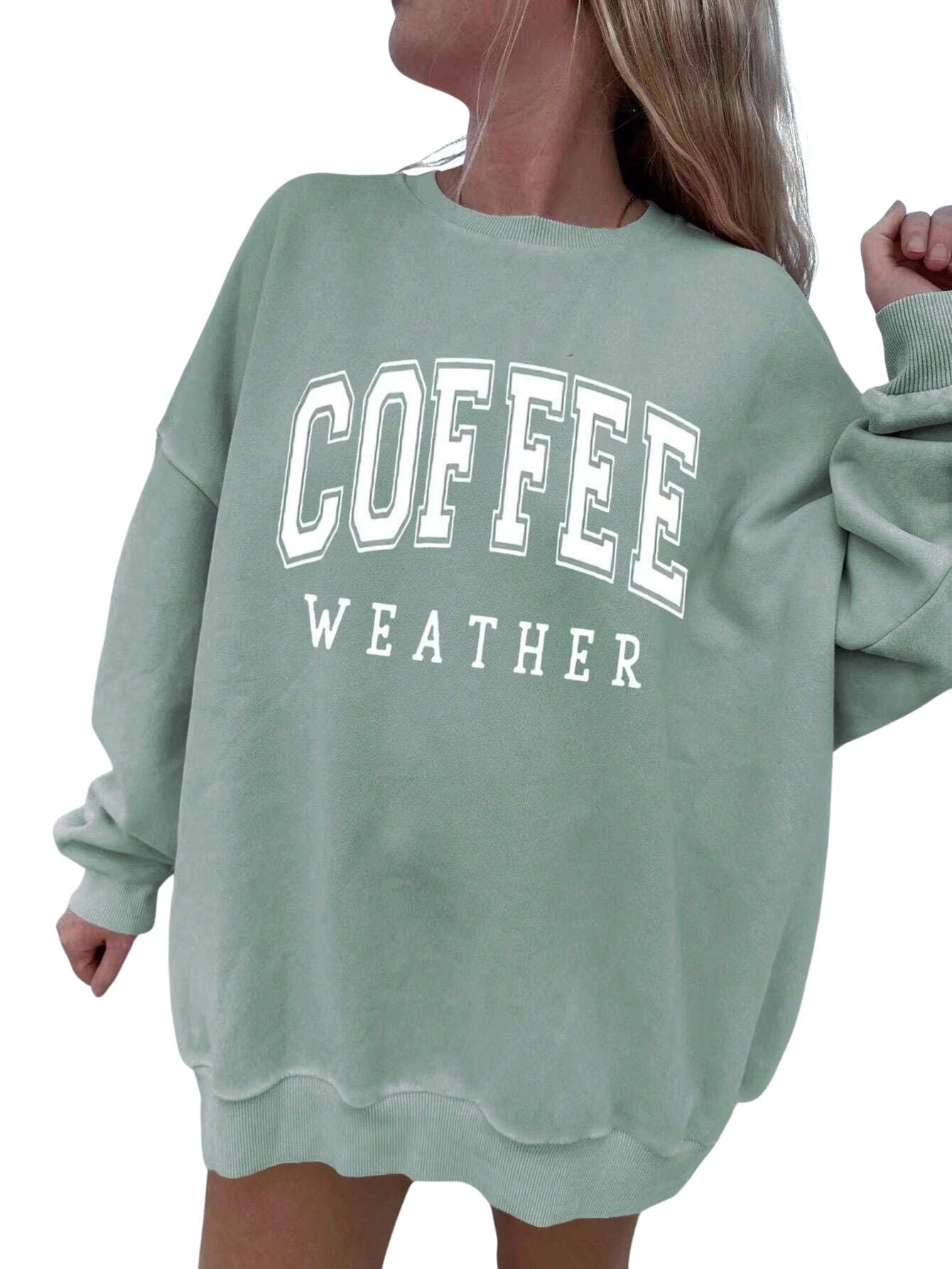 Coffee Weather Graphic Sweatshirt, Oversized Crewneck, Long Sleeve Pullover, Pink and Green-image-2