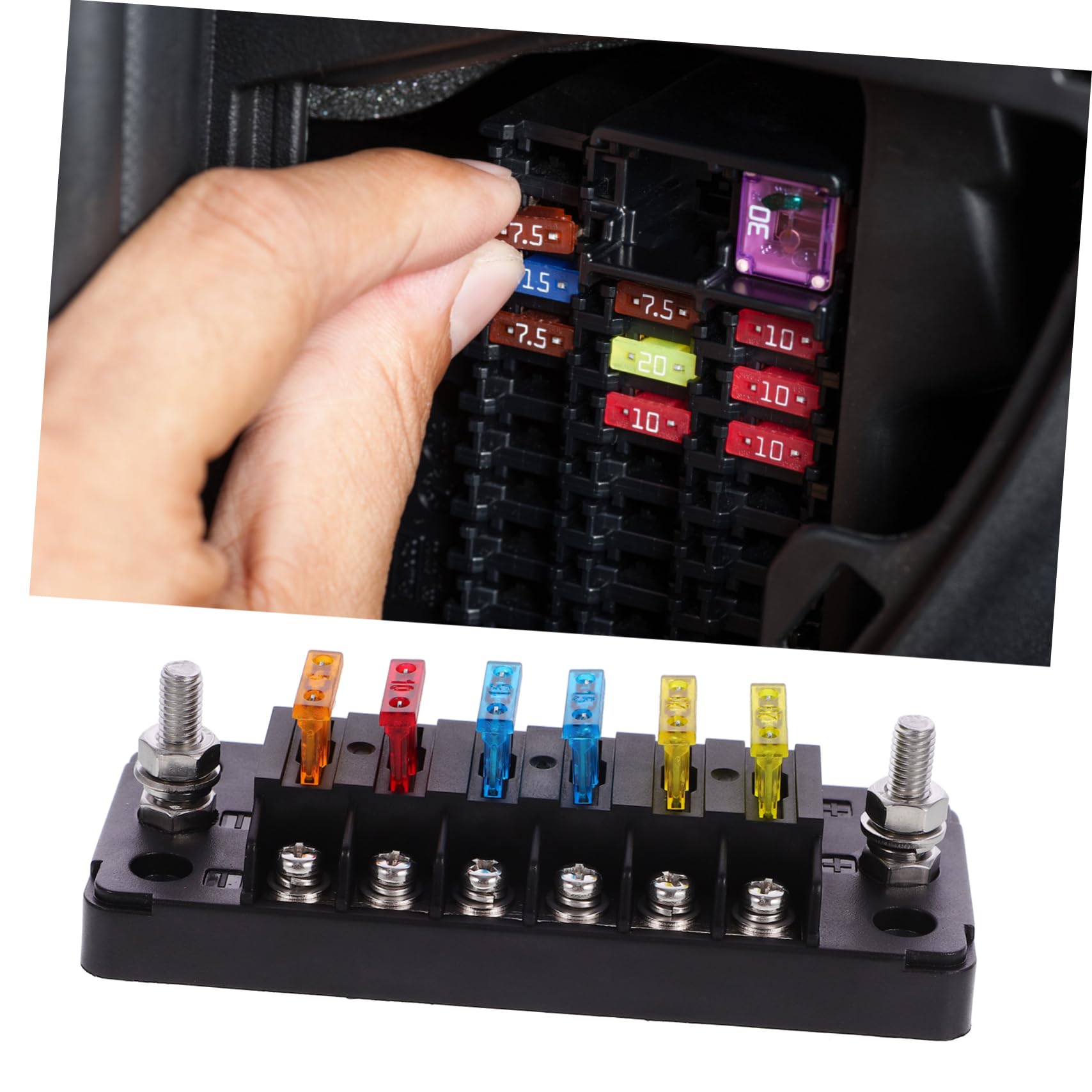 Boîte à Fusibles à 6 Voies 1 Set, Pa66 et Pc, Noir | 12-32 V, 75 A Entrée et 20 A par Circuit, Plaques Autocollantes Incluses