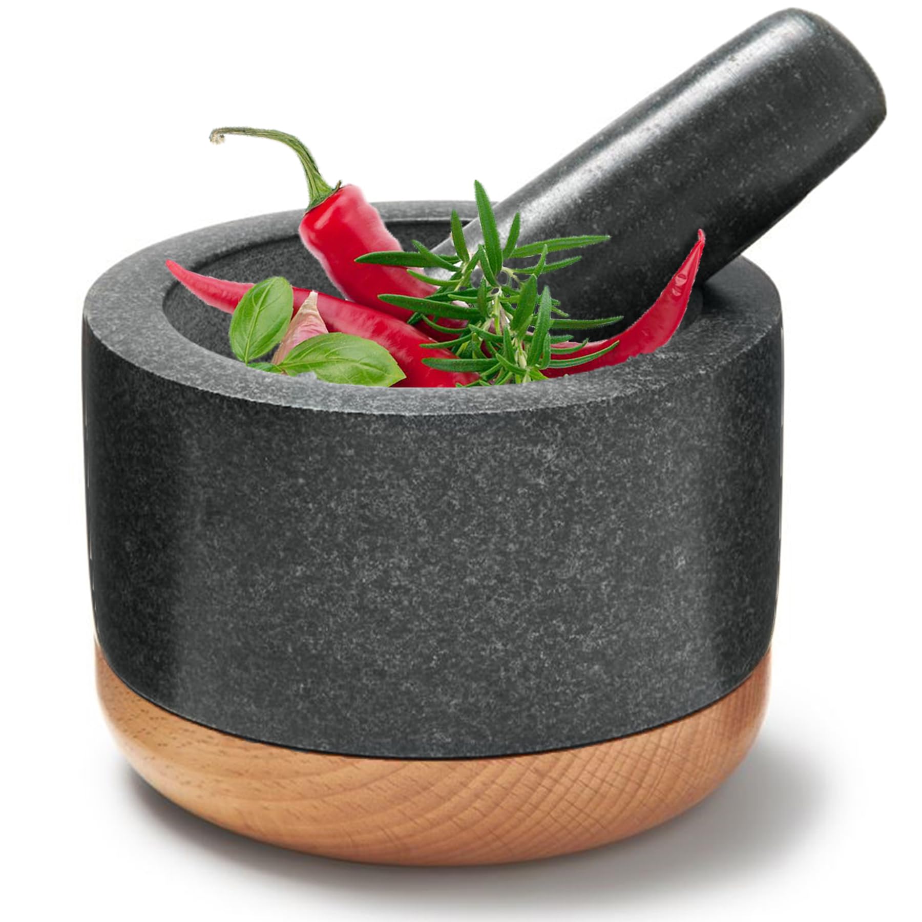 Juego de mortero y mortero con base de madera desmontable antiarañazos, granito natural, extra grande de 6 pulgadas, cuenco de piedra de mortero ideal para moler especias, chillis, pesto guacamole