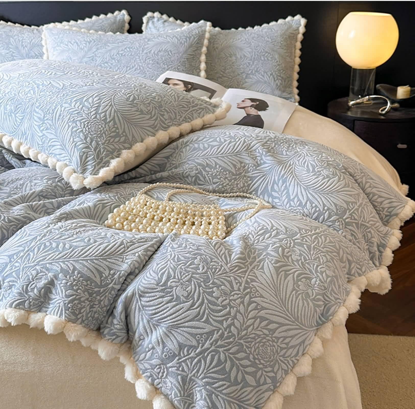 Zestaw poszewek na kołdrę 4 sztuki na łóżko 180, 200 x 230 cm, prześcieradło 240 x 245 cm i 2 poszewki na poduszki, wzór gałęzi i liści, miękki poliester, jasnoniebieski beżowy