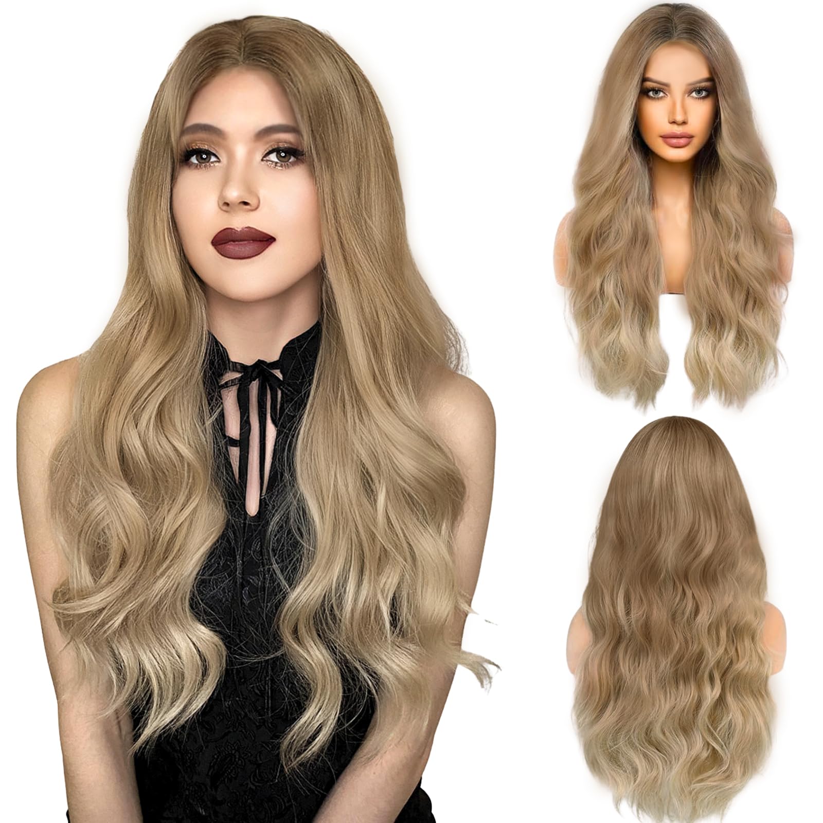 LUFFLOK Lange Gewellt Blond Perücke für Frauen 68cm Lange Lockige Volle Perücken Damen Gewellte Hitzebeständig Volle Haar Perücke für Tägliche Karneval (Blond)