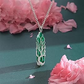 VIBILIA Healing Crystal Necklace Tree of Life Wire Wrapped Malachite Stone Point Pendant Necklace Hexagonal Reiki Spiritual Quartz Gemstone Jewelry for Women Men - Silver
