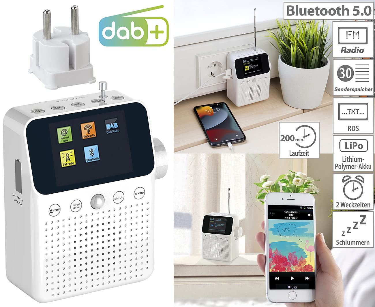 VR-Radio Badradio: 2in1-Steckdosenradio mit DAB+, Bluetooth, Bewegungsmelder, Akku, 8 W (Radio mit Bewegungsmelder fürs Bad, Badradio mit, WC)