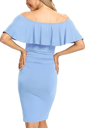 Miniatura 5 de Vestido de maternidad ajustado con volantes y hombros descubiertos, vestido de embarazo formal para baby showerfotografía