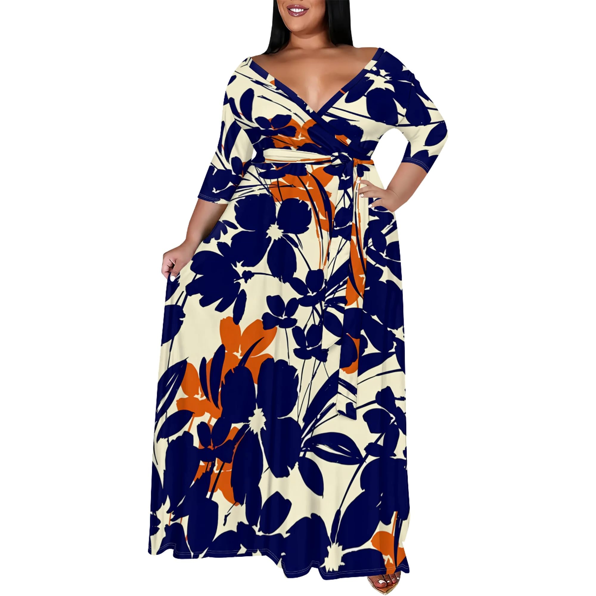 SUZONANA Women's Plus Size Maxi Dresses Casual Loose Short Sleeve Long Maxi Dress with Belt Wedding