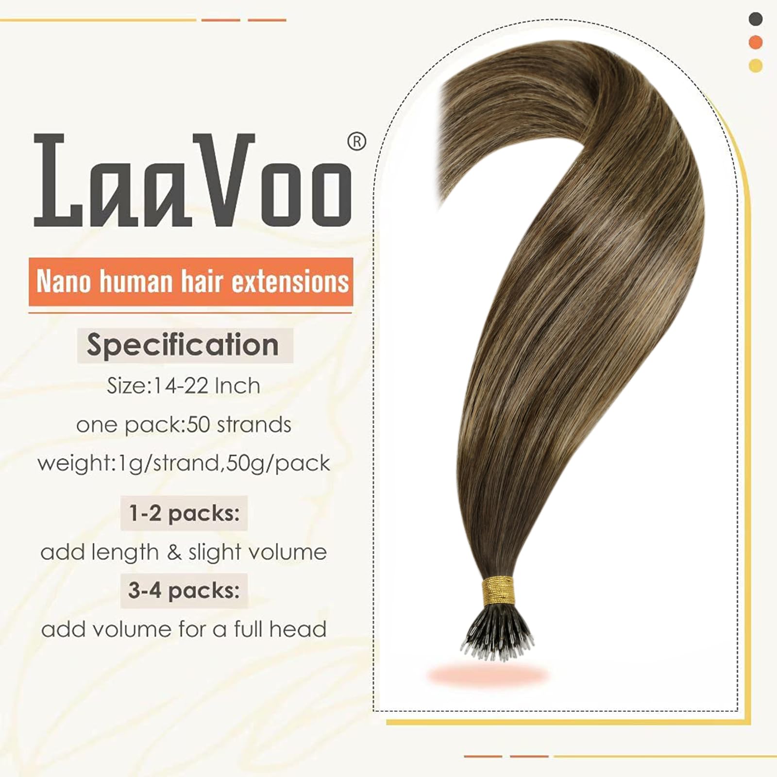 LaaVoo Nano Hair Extensions Real Human Hair 100g Full Head Nano Beads Hair Extensions Balayage Dark Brown to Medium Blonde Invisible Nano Ring Straight Remy Hair 100s 20 Inch #4/27/4 - Image 2