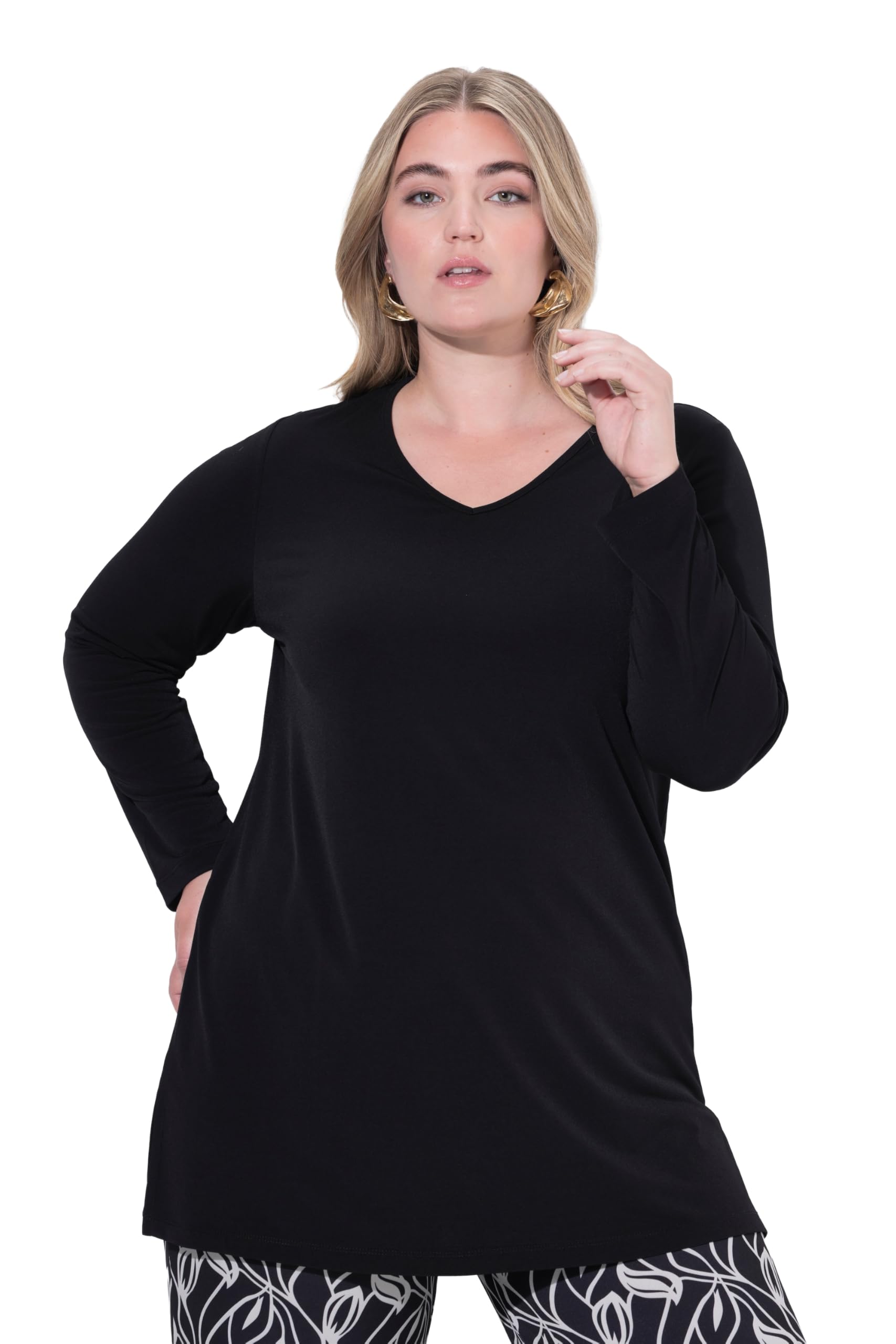 Ulla Popken Damen große Größen Übergrößen Plus Size Longshirt, A-Linie, V-Ausschnitt, Langarm 844641