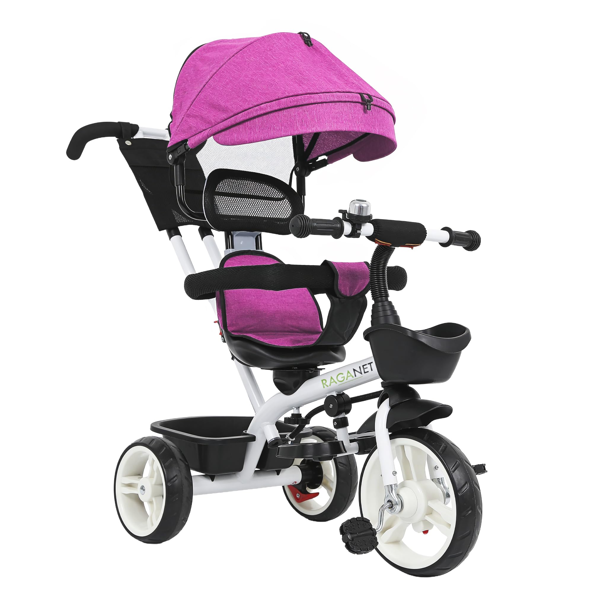 Raganet, Triciclo para Bebé 3 en 1 Tipo Carreola con Toldo, Cinturón de Seguridad, Estructura de Acero, Capacidad 30 kg, Triciclo Infantil para Niños de 1 a 5 Años (Rosa)