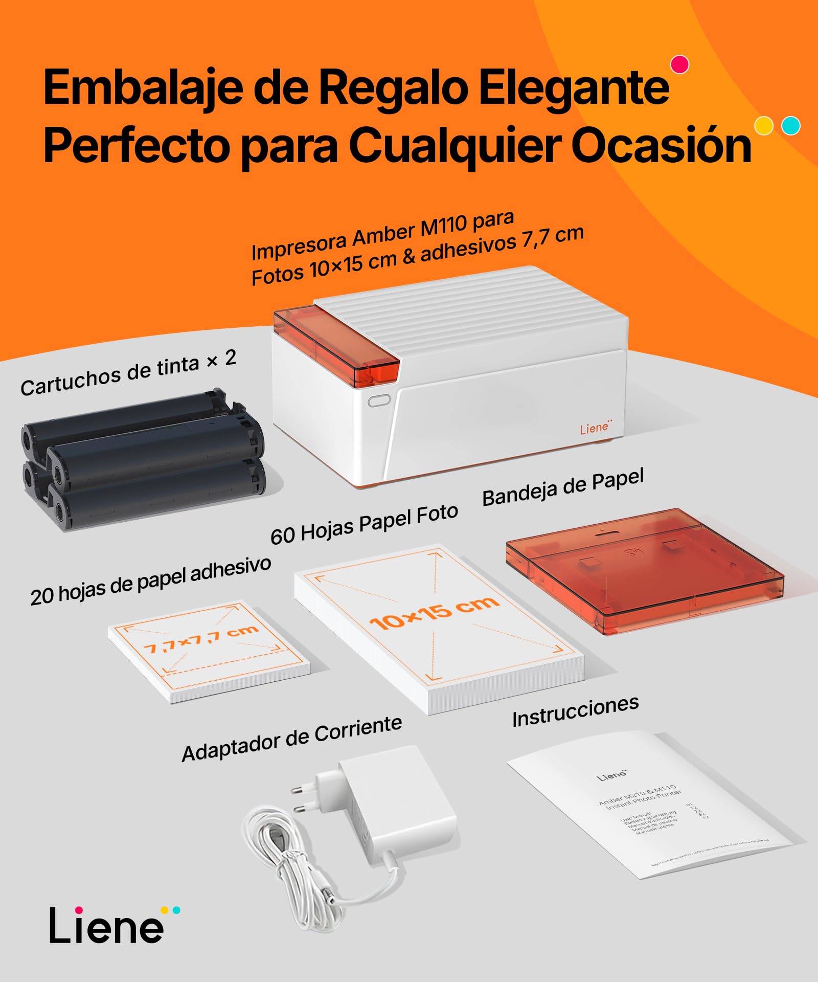 Liene Amber M110 Impresora de Fotos para Móvil Portátil con 60 Hojas 10x15 cm + 20 Adesivos 7.7 cm + 2 Cintas – Tecnología de Sublimación Térmica, Bluetooth, para iPhone y Android