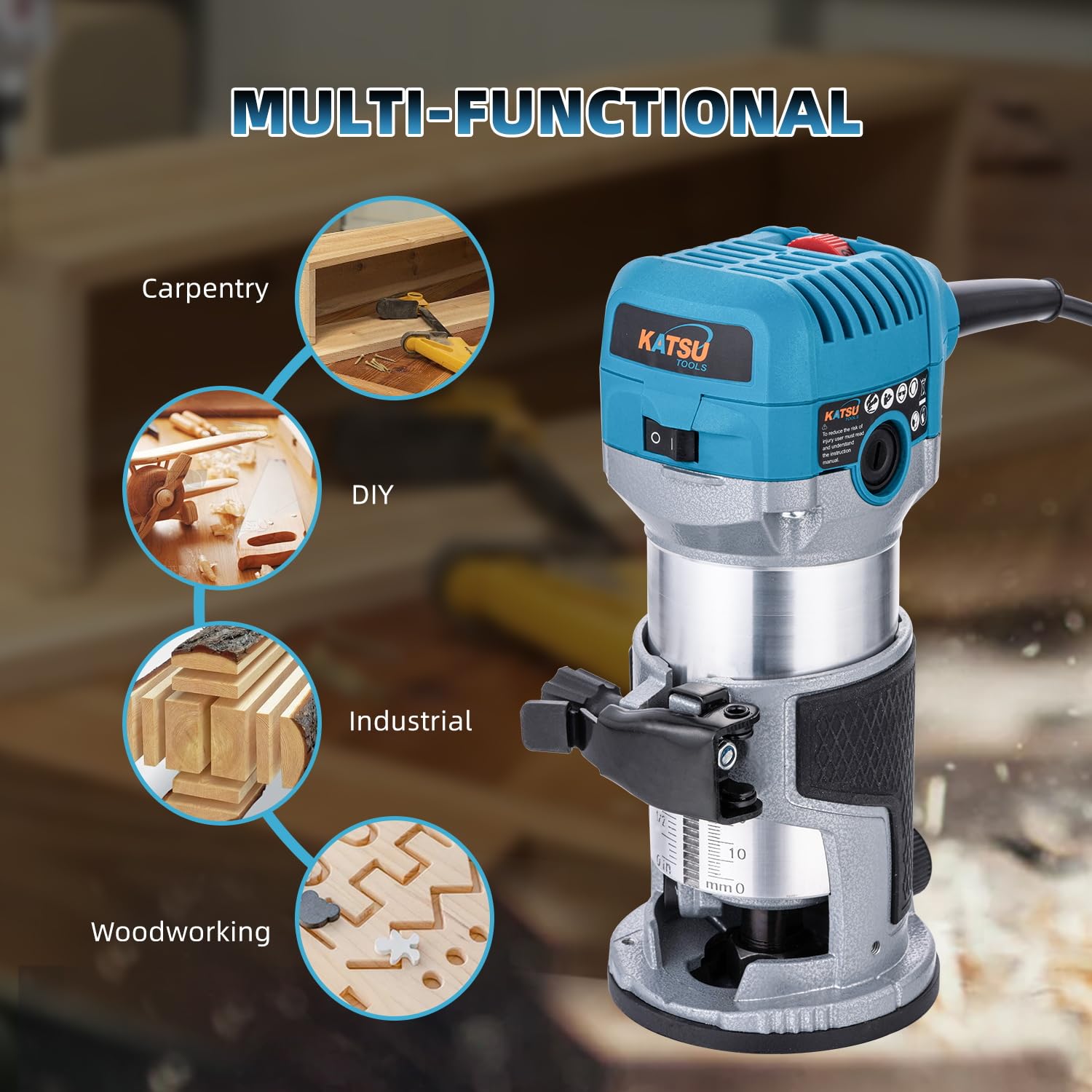 KATSU Tools Elektrohobel/Trimmer Holz 710 W – Soft-Start, Eintauchbasis, Aluminiumgehäuse, 3 Spannzangen (1/4″, 6 mm, 8 mm) Heimwerken