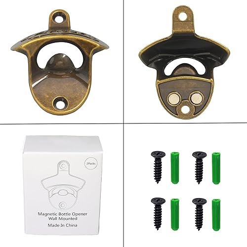 Miniatura 9 de Abridor magnético de botellas de cerveza Cheers para montar en la pared, con imanes, bronce antiguo, abridor de tapa de cerveza magnético (paquete