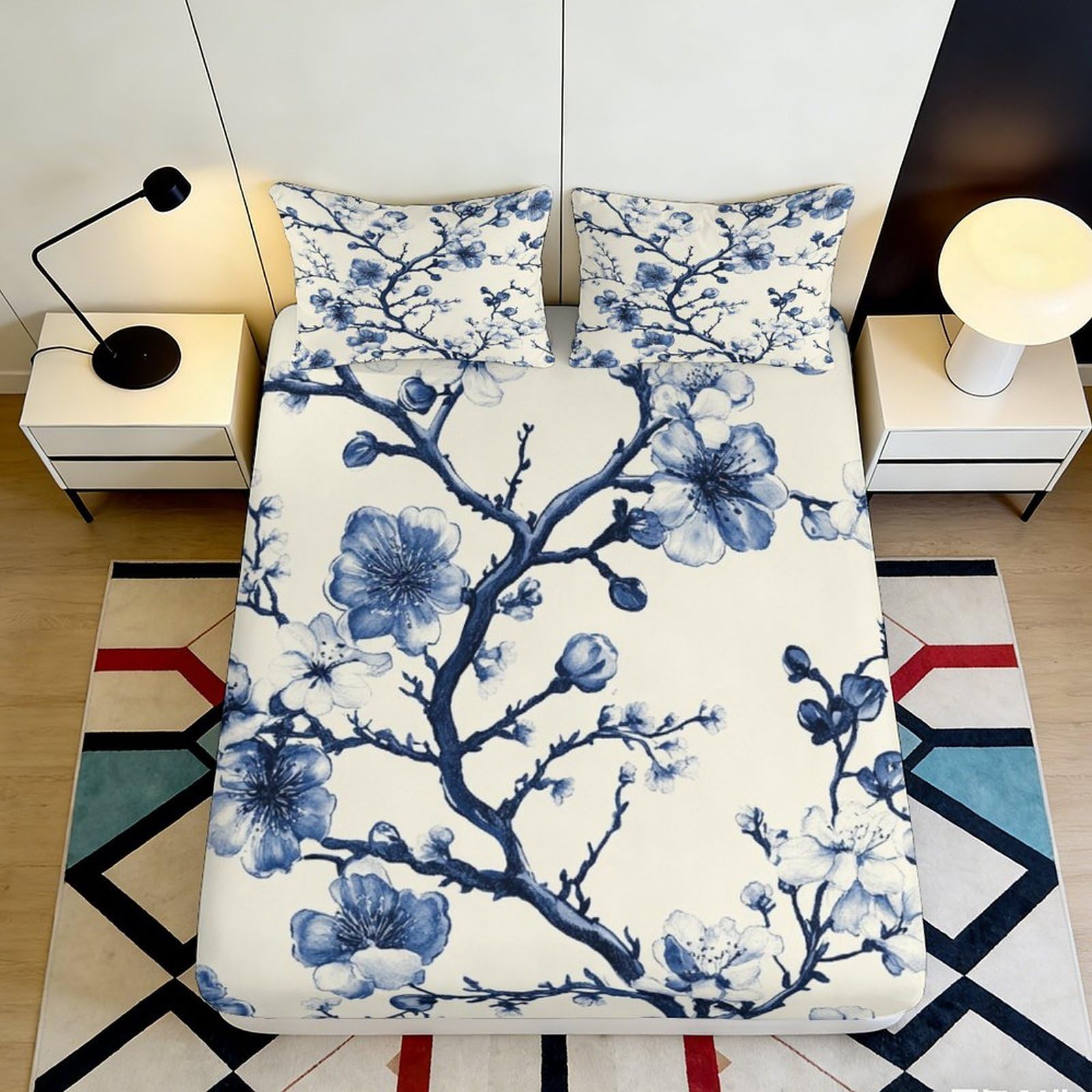 3D Printed Blue Plum Blossom Fitted Sheet Microfiber Soft Breathable Ink Branch Bed Cover for Bedroom Dorm Mattress Protection Decor 90x200x25cm