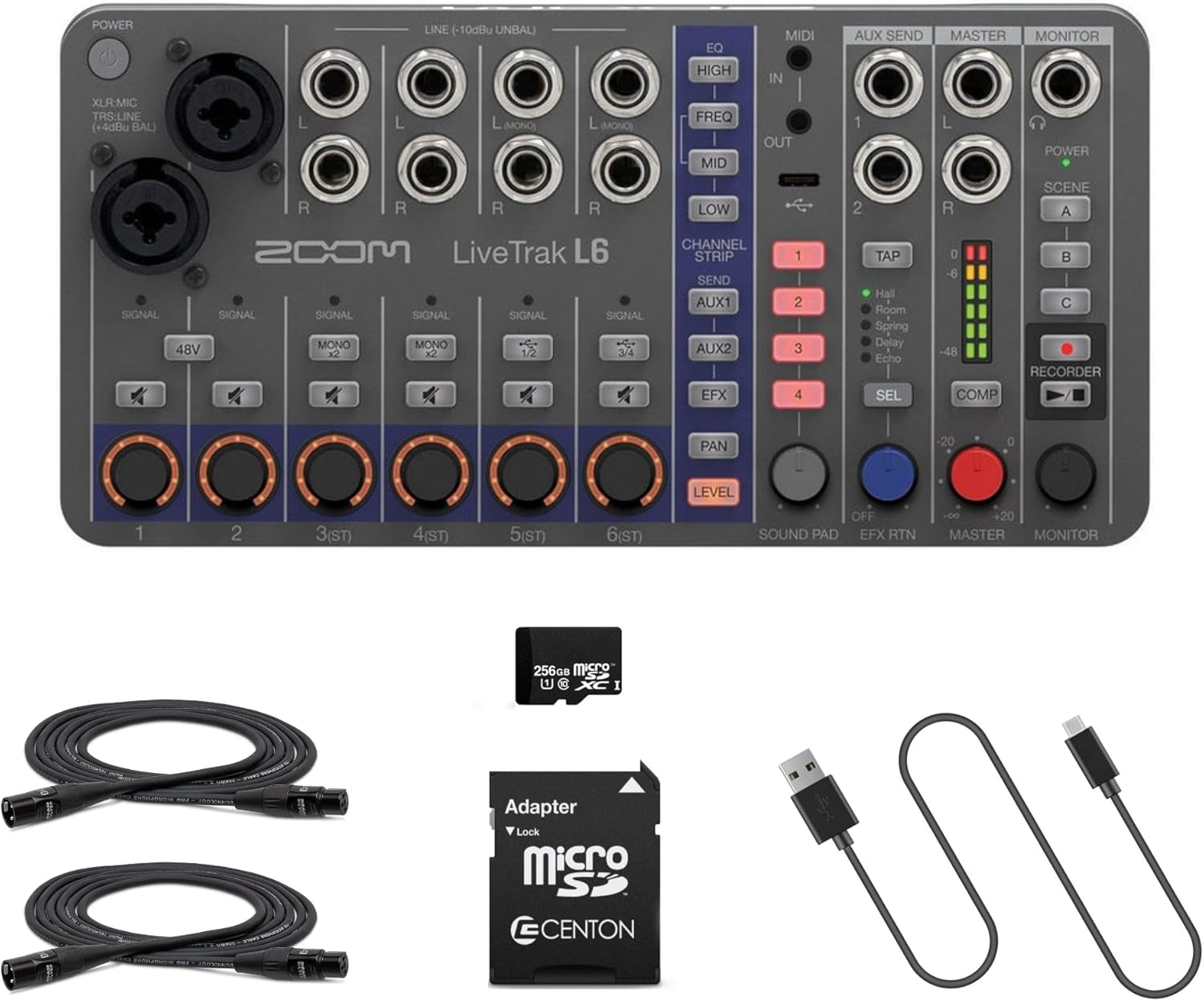 Zoom LiveTrak L-6 Portable 6-Channel Digital Mixer and Multitrack Recorder Bundle with 64GB microSDXC Card, 2 XLR Cables, Adapter, and USB-C Cable
