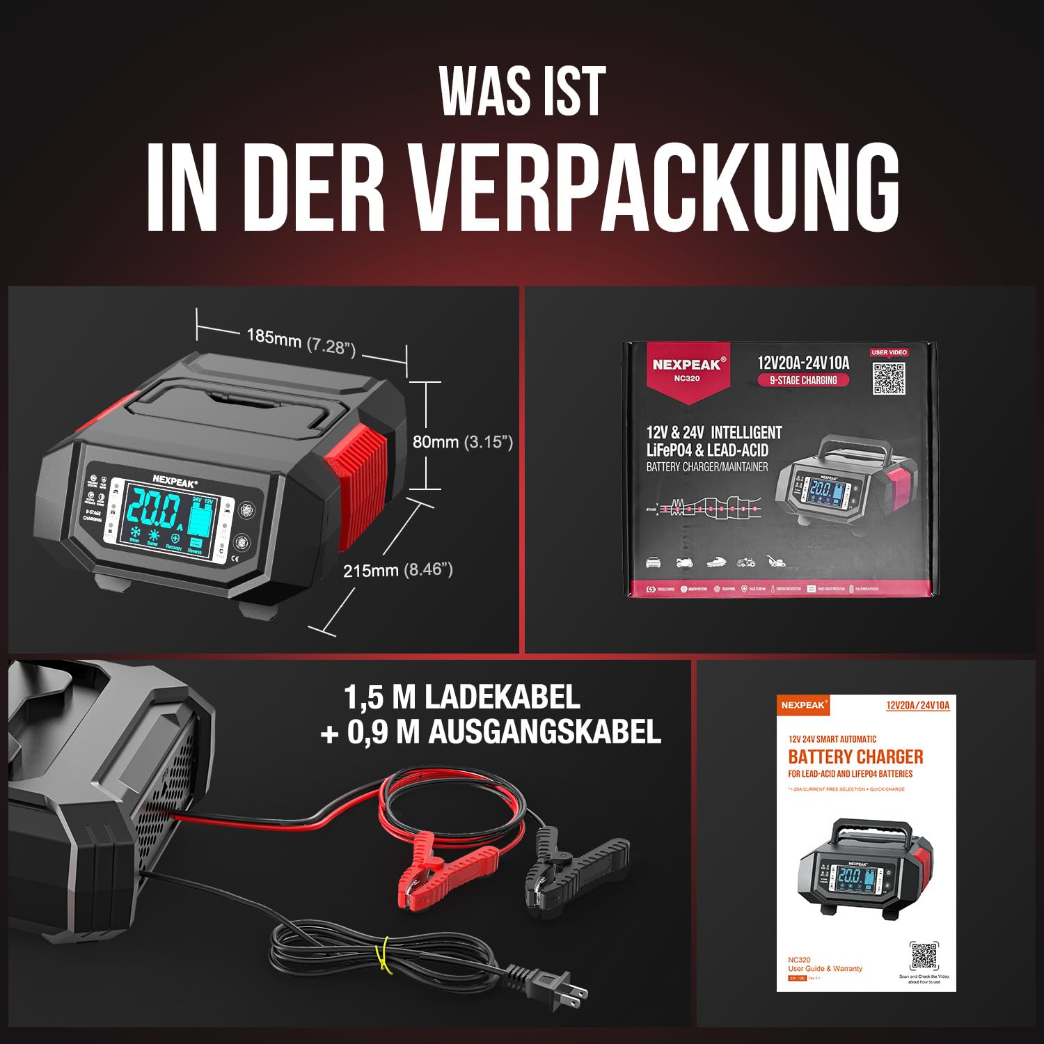 NEXPEAK LiFePO4 Cargador de batería de Coche de 1-20 A, 12 V, 24 V, con Corriente Ajustable, para Coche, camión, cortacésped, Barco